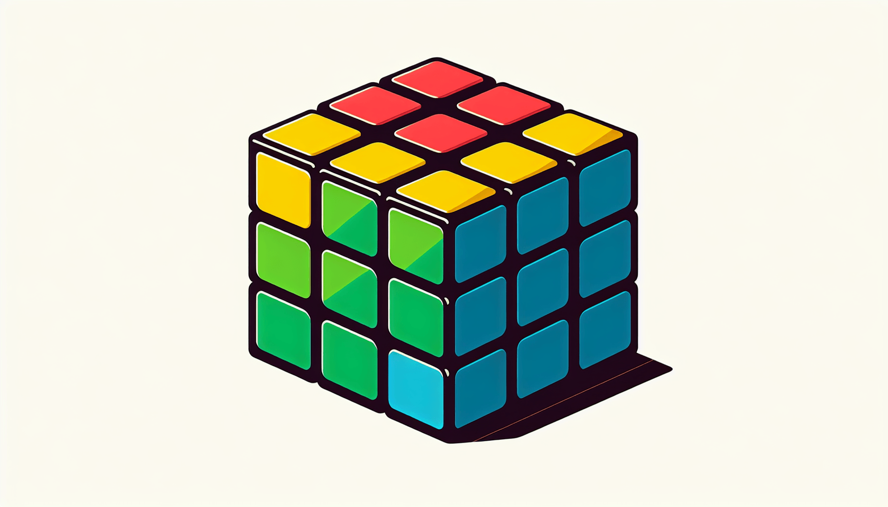 Rubik's Cube in flat illustration style and white background, red #f47574, green #88c7a8, yellow #fcc44b, and blue #645bc8 colors.