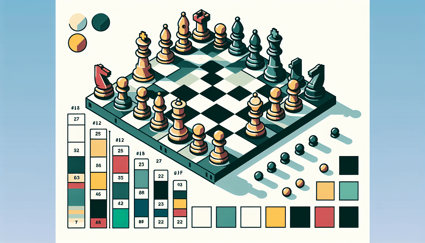 Chessboard in flat illustration style and white background, red #f47574, green #88c7a8, yellow #fcc44b, and blue #645bc8 colors.