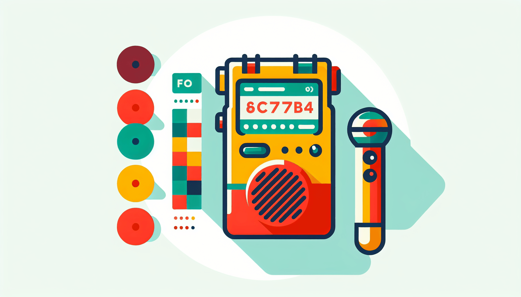 Audio recorder in flat illustration style and white background, red #f47574, green #88c7a8, yellow #fcc44b, and blue #645bc8 colors.
