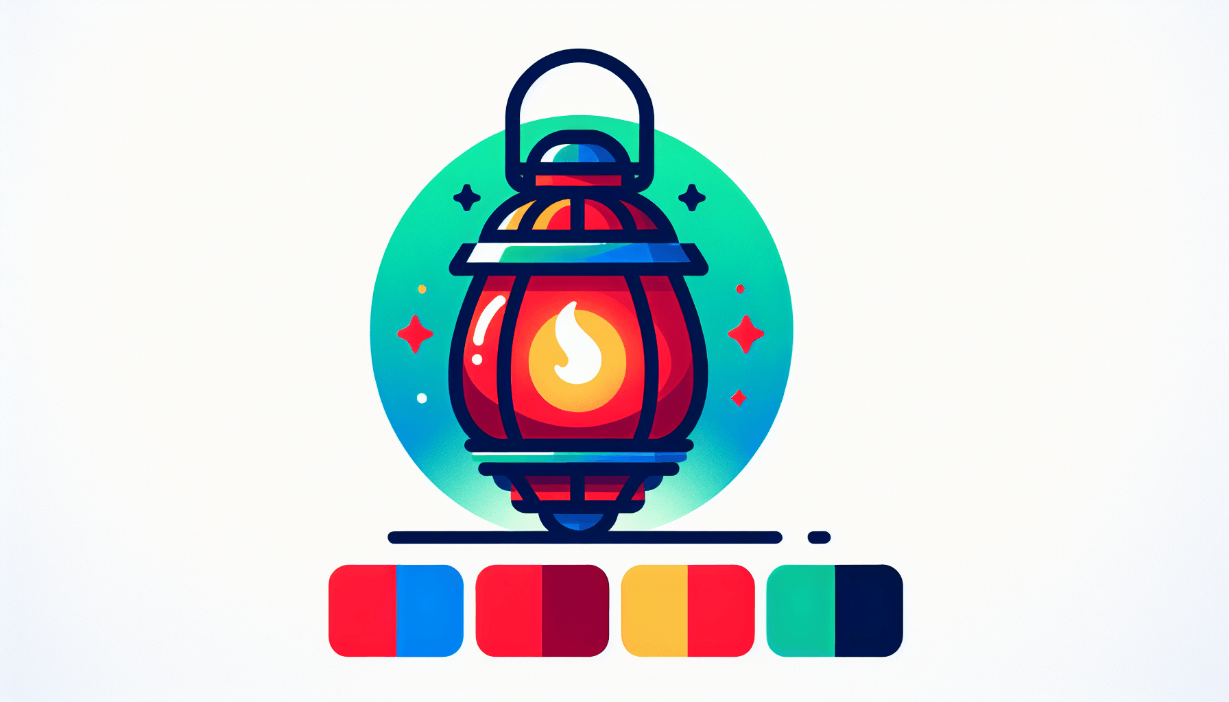 Lantern in flat illustration style and white background, red #f47574, green #88c7a8, yellow #fcc44b, and blue #645bc8 colors.