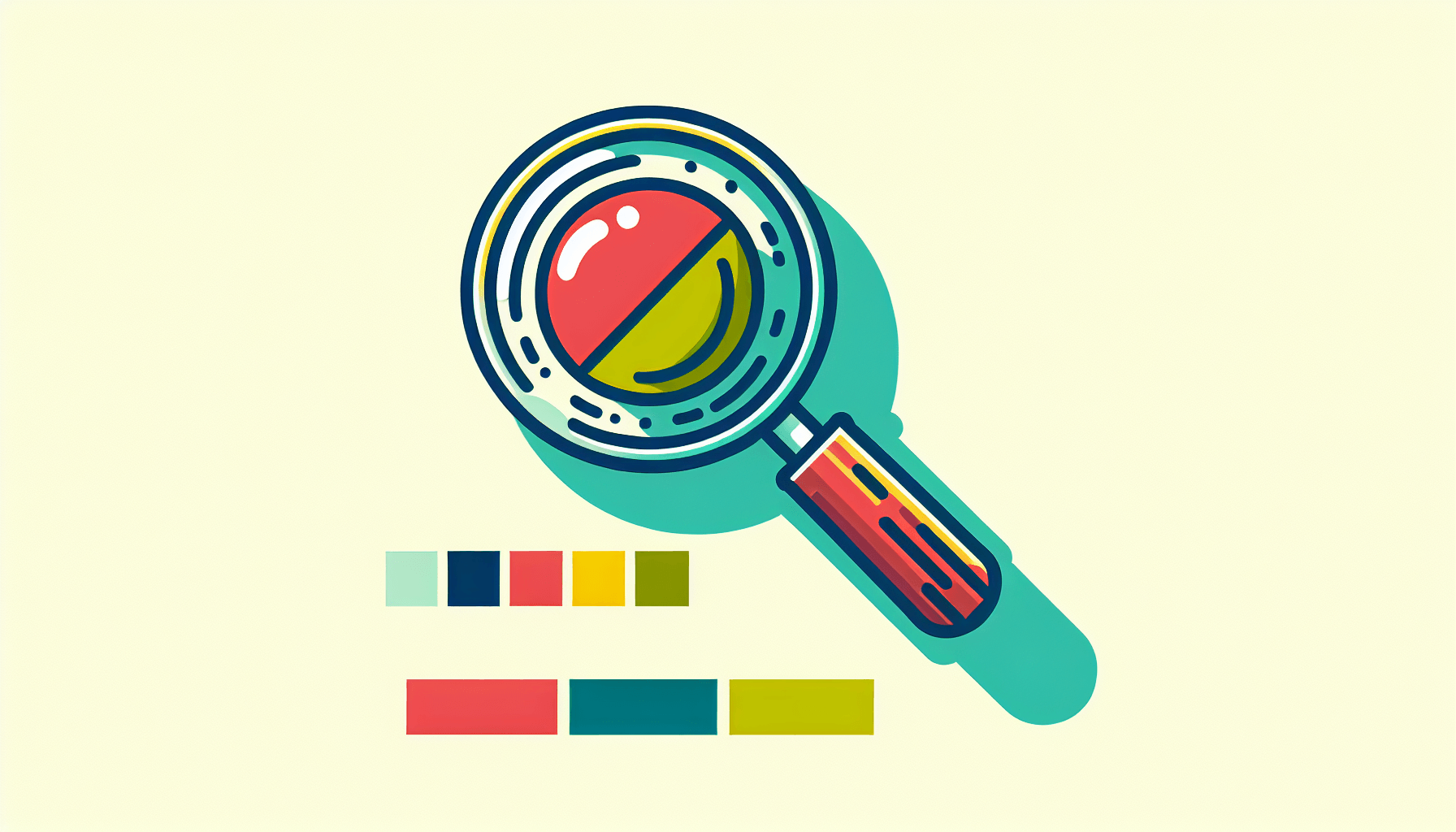 Magnifying glass in flat illustration style and white background, red #f47574, green #88c7a8, yellow #fcc44b, and blue #645bc8 colors.