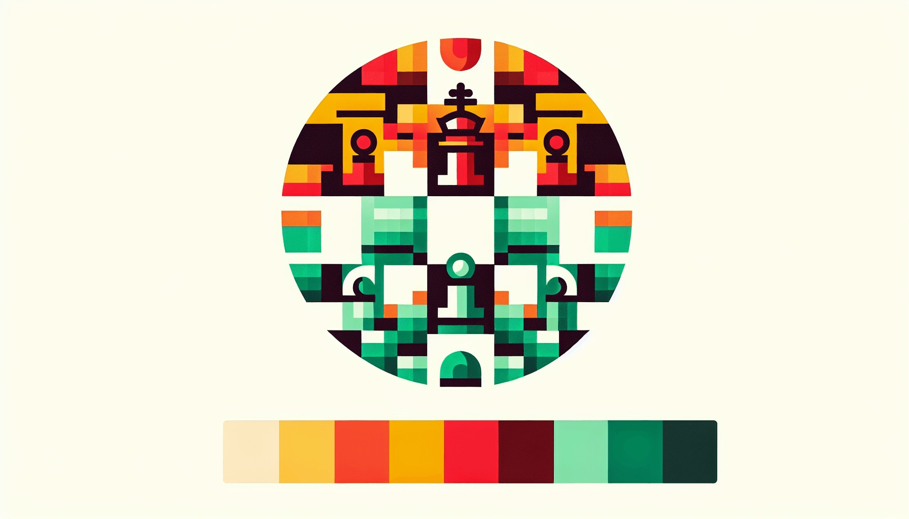 Chessboard in flat illustration style and white background, red #f47574, green #88c7a8, yellow #fcc44b, and blue #645bc8 colors.
