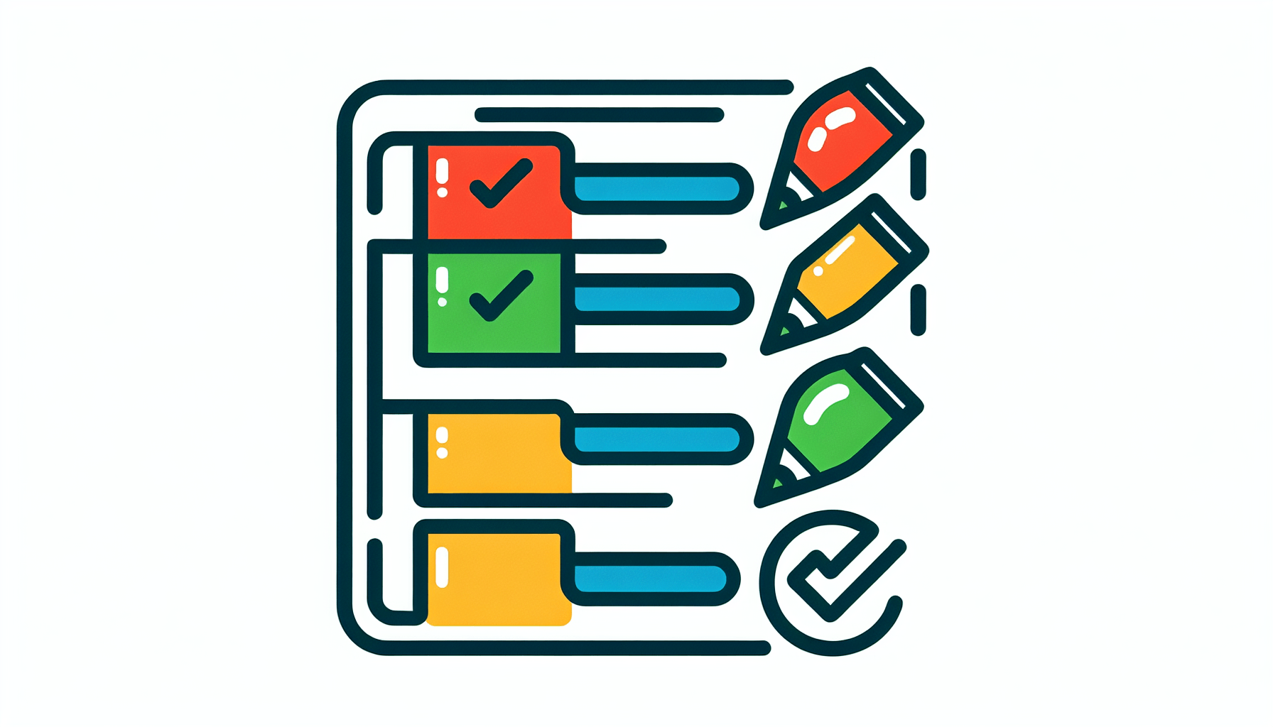 Checklist in flat illustration style and white background, red #f47574, green #88c7a8, yellow #fcc44b, and blue #645bc8 colors.
