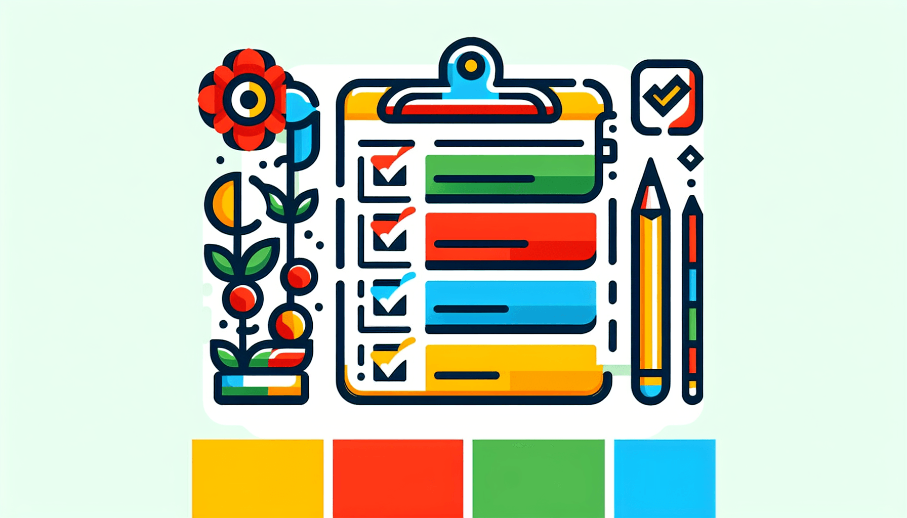 Checklist in flat illustration style and white background, red #f47574, green #88c7a8, yellow #fcc44b, and blue #645bc8 colors.