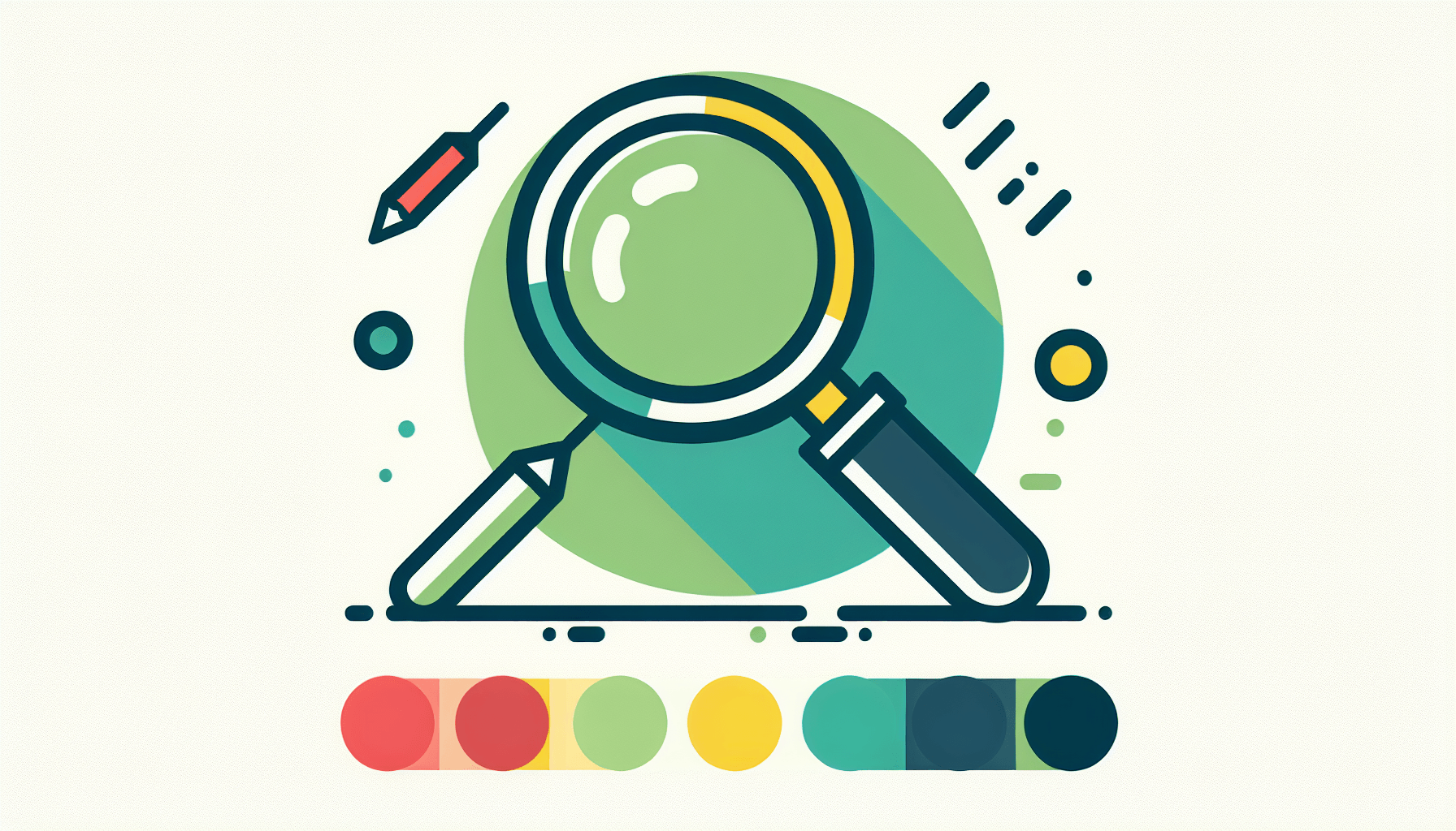 Magnifying glass in flat illustration style and white background, red #f47574, green #88c7a8, yellow #fcc44b, and blue #645bc8 colors.