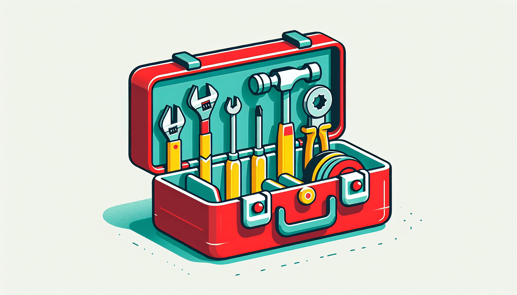 Toolbox in flat illustration style and white background, red #f47574, green #88c7a8, yellow #fcc44b, and blue #645bc8 colors.