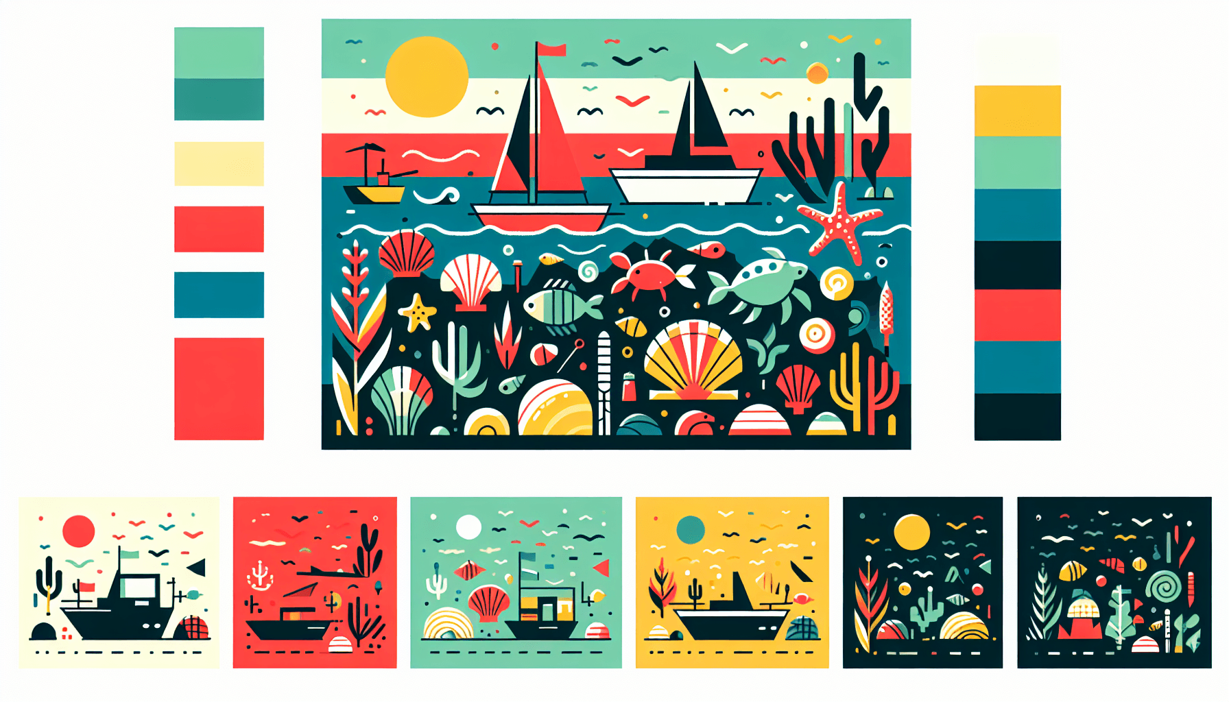 Ocean in flat illustration style and white background, red #f47574, green #88c7a8, yellow #fcc44b, and blue #645bc8 colors.