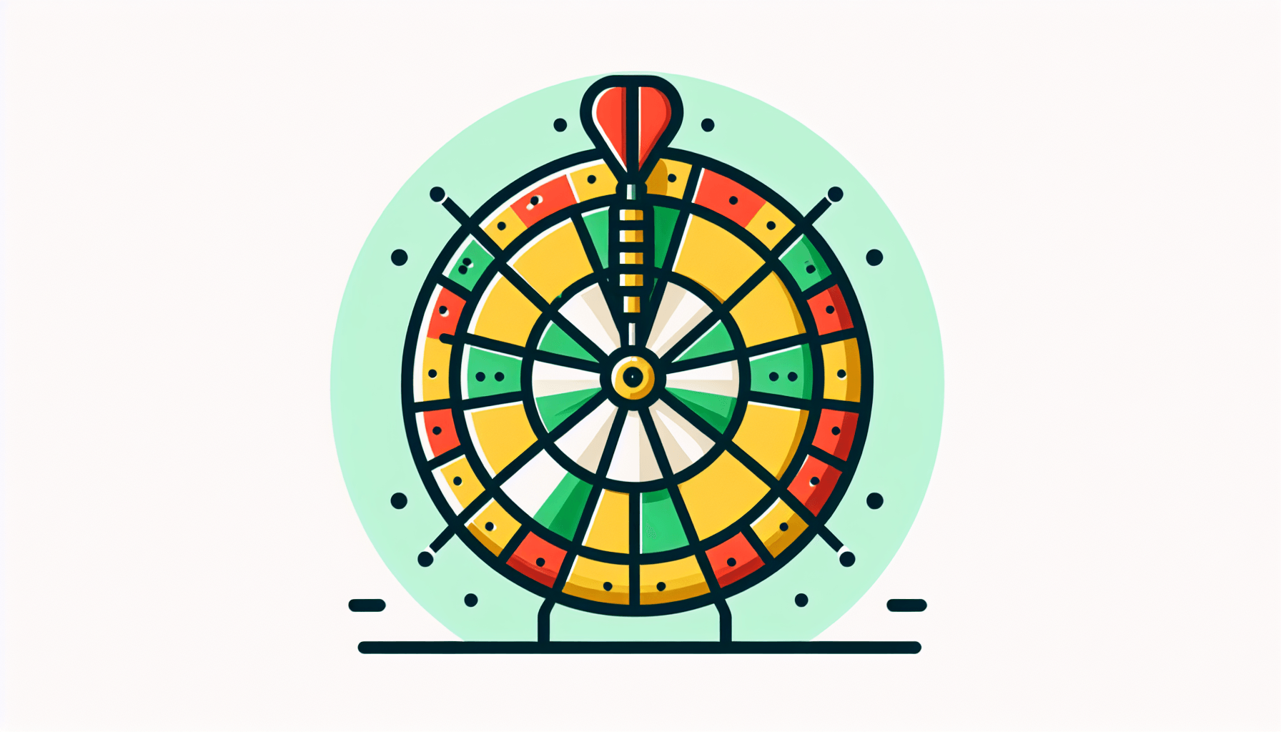Dartboard in flat illustration style and white background, red #f47574, green #88c7a8, yellow #fcc44b, and blue #645bc8 colors.