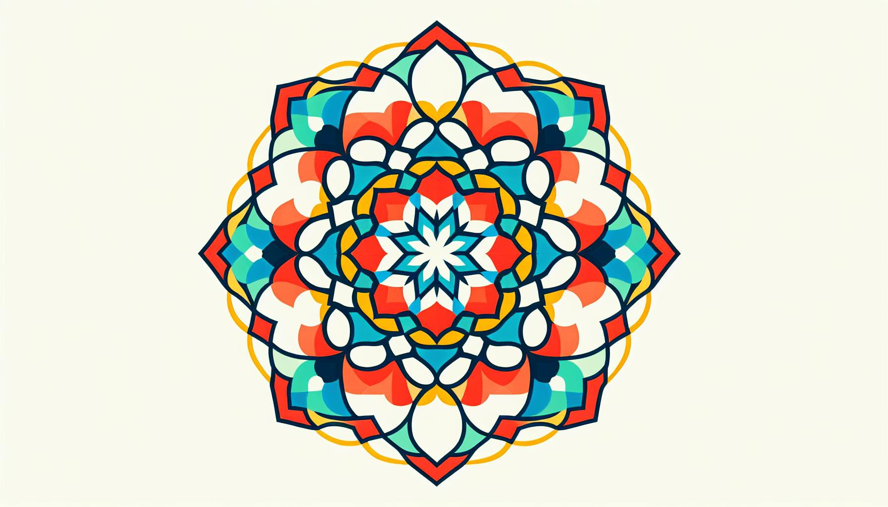 Kaleidoscope in flat illustration style and white background, red #f47574, green #88c7a8, yellow #fcc44b, and blue #645bc8 colors.