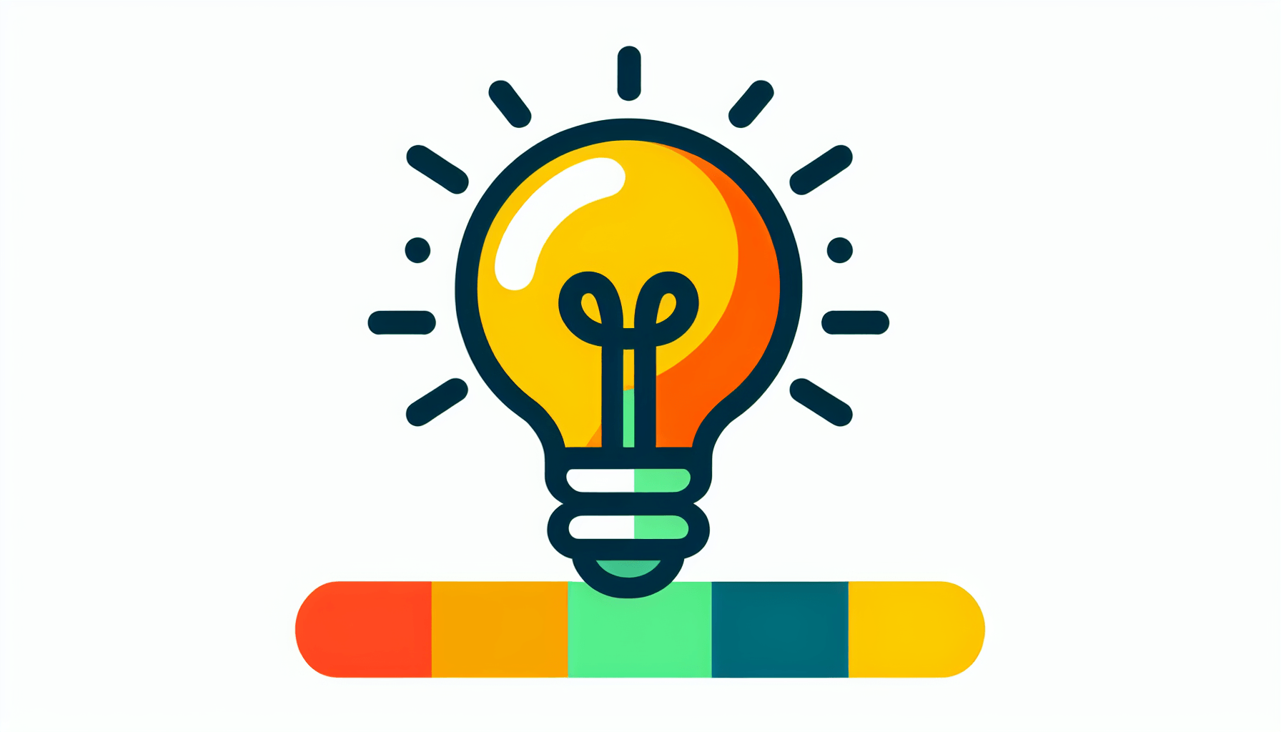 Lightbulb in flat illustration style and white background, red #f47574, green #88c7a8, yellow #fcc44b, and blue #645bc8 colors.