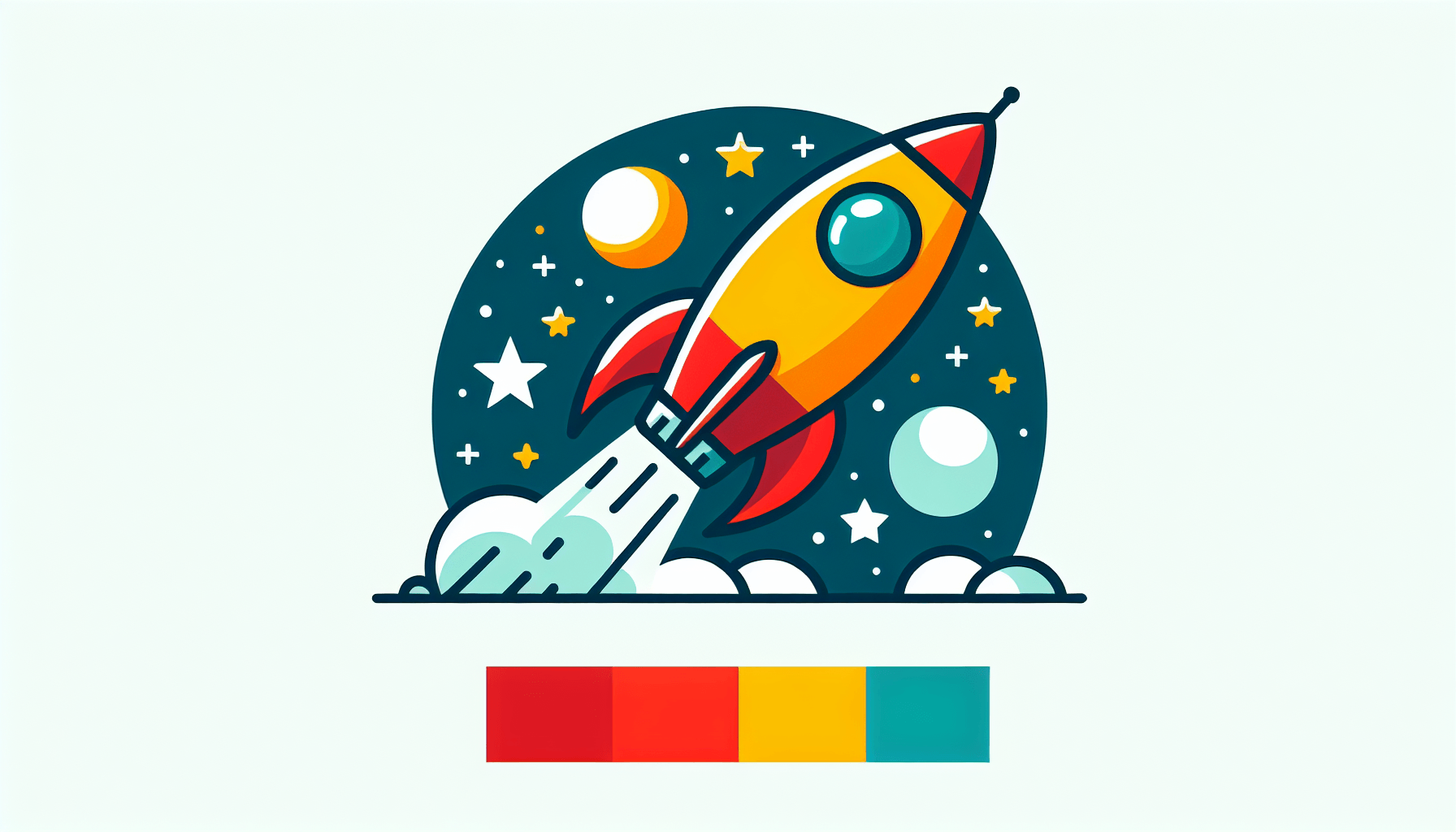 Rocket in flat illustration style and white background, red #f47574, green #88c7a8, yellow #fcc44b, and blue #645bc8 colors.