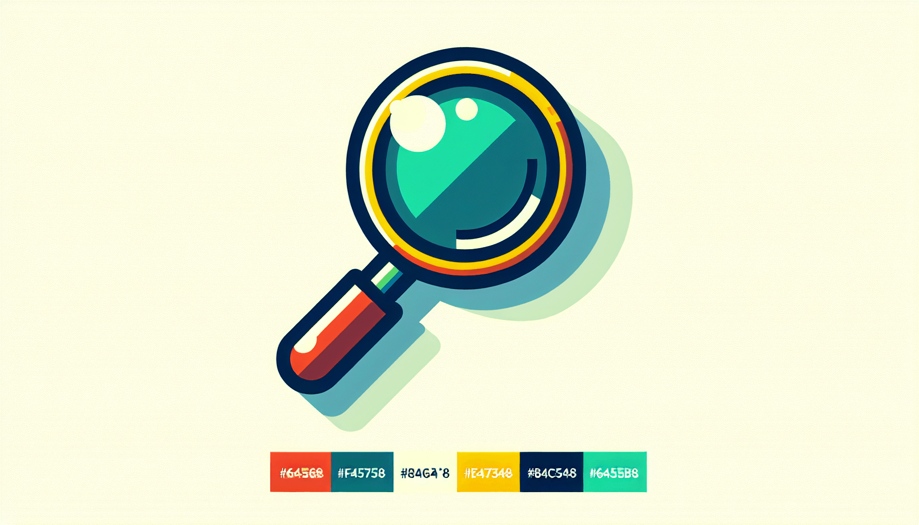 Magnifying glass in flat illustration style and white background, red #f47574, green #88c7a8, yellow #fcc44b, and blue #645bc8 colors.