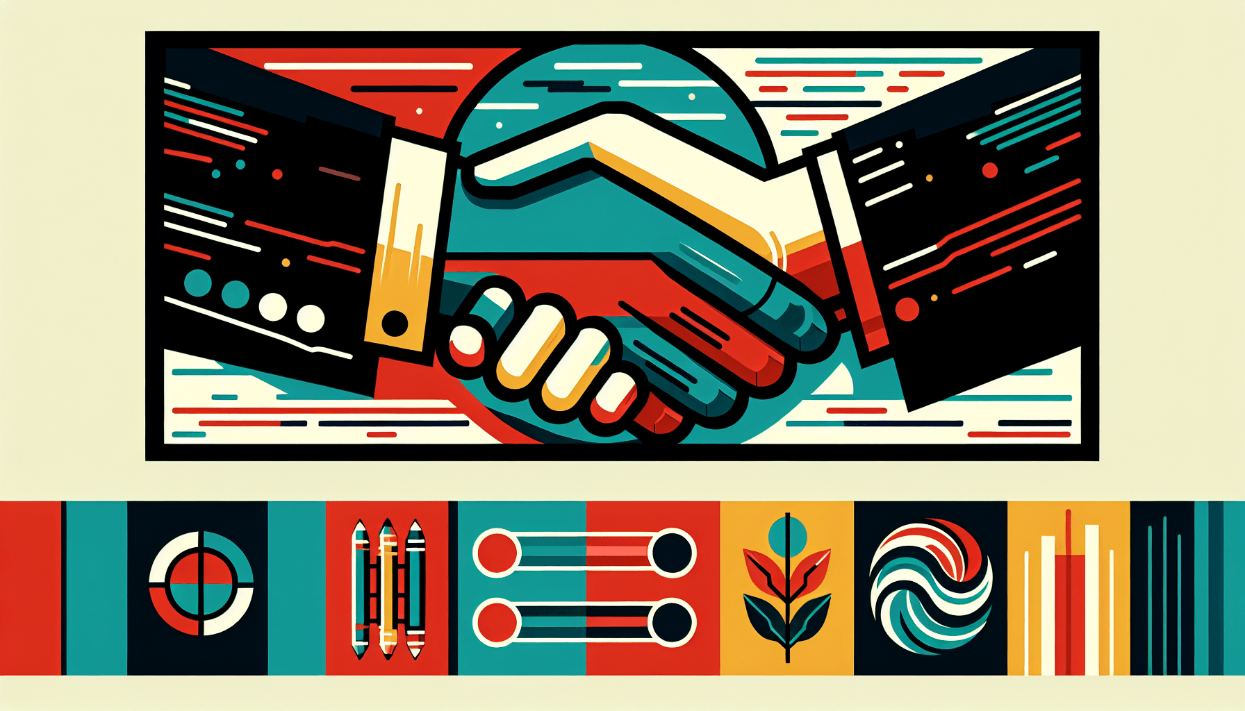Handshake in flat illustration style and white background, red #f47574, green #88c7a8, yellow #fcc44b, and blue #645bc8 colors.