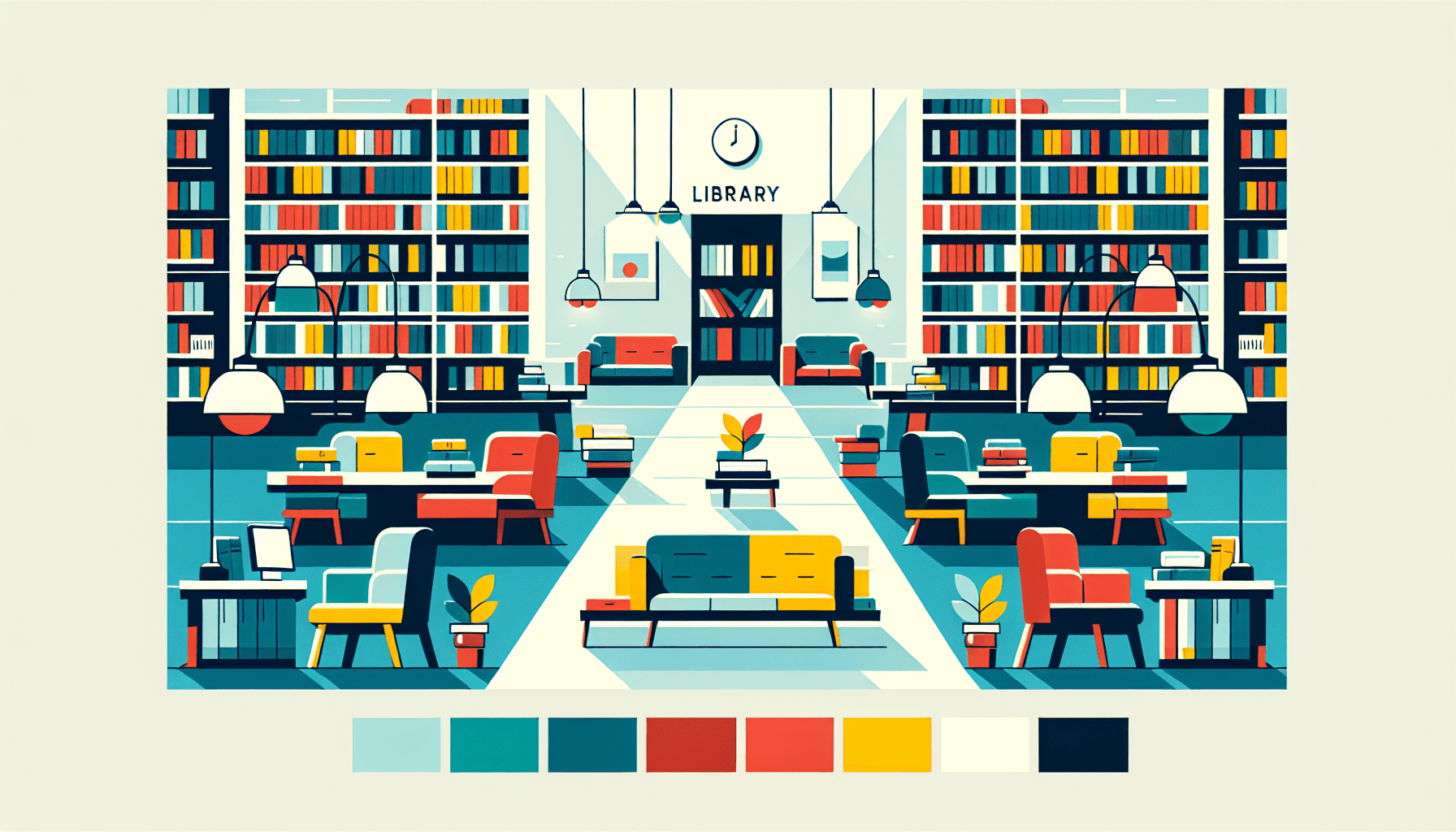 Library in flat illustration style and white background, red #f47574, green #88c7a8, yellow #fcc44b, and blue #645bc8 colors.
