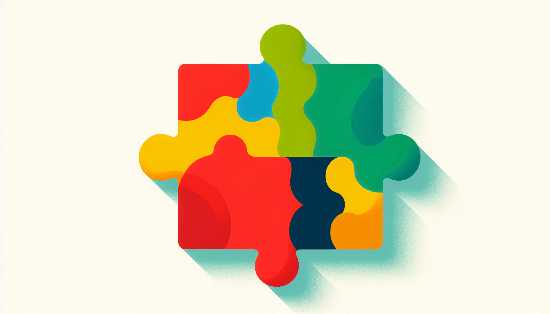 Puzzle piece in flat illustration style and white background, red #f47574, green #88c7a8, yellow #fcc44b, and blue #645bc8 colors.