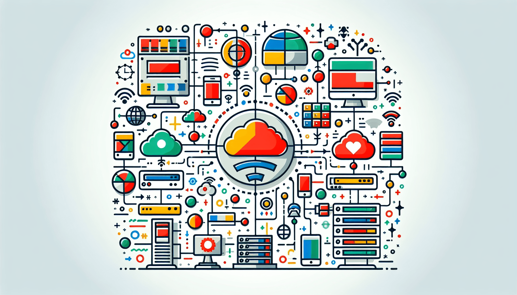 Internet in flat illustration style and white background, red #f47574, green #88c7a8, yellow #fcc44b, and blue #645bc8 colors.
