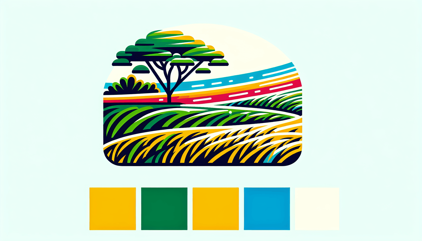 Rice paddy in flat illustration style and white background, red #f47574, green #88c7a8, yellow #fcc44b, and blue #645bc8 colors.