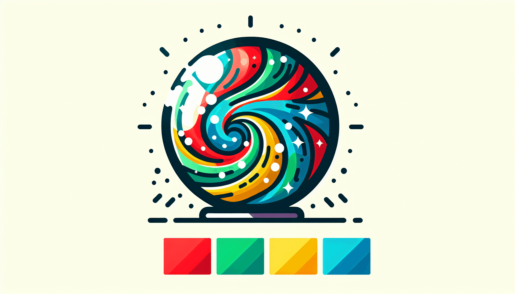 Crystal ball in flat illustration style and white background, red #f47574, green #88c7a8, yellow #fcc44b, and blue #645bc8 colors.
