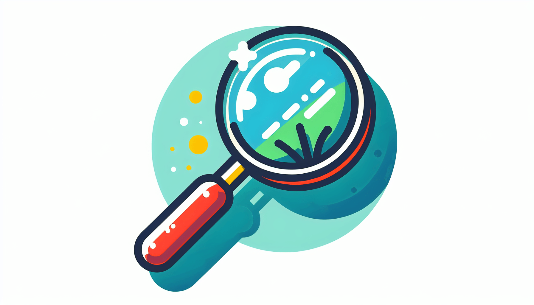 Magnifying glass in flat illustration style and white background, red #f47574, green #88c7a8, yellow #fcc44b, and blue #645bc8 colors.