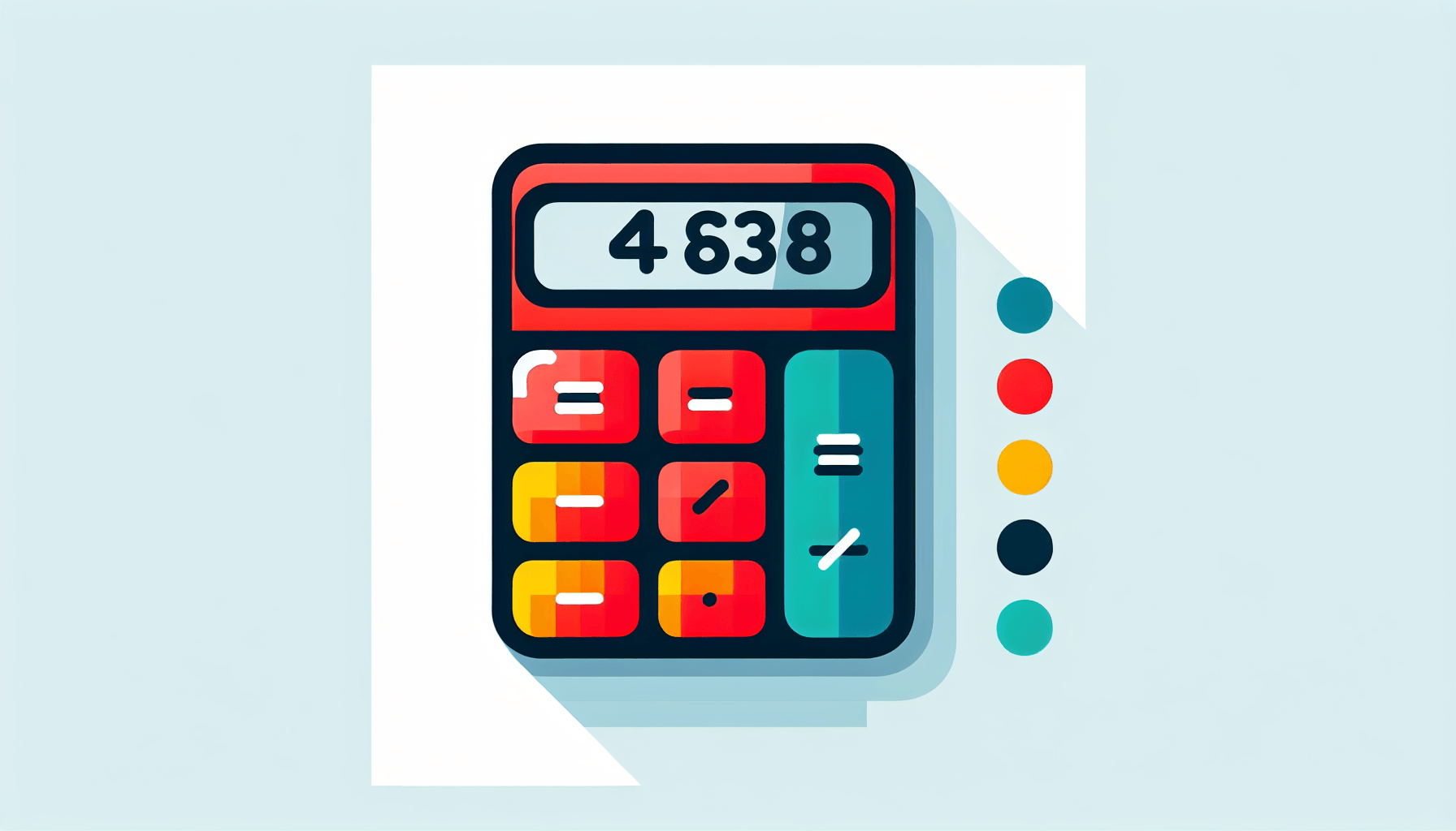 Calculator in flat illustration style and white background, red #f47574, green #88c7a8, yellow #fcc44b, and blue #645bc8 colors.