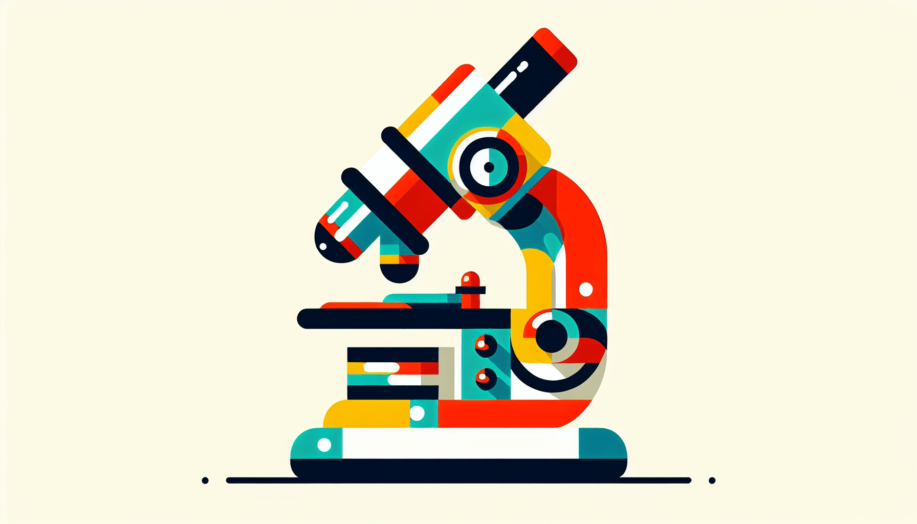 Microscope in flat illustration style and white background, red #f47574, green #88c7a8, yellow #fcc44b, and blue #645bc8 colors.