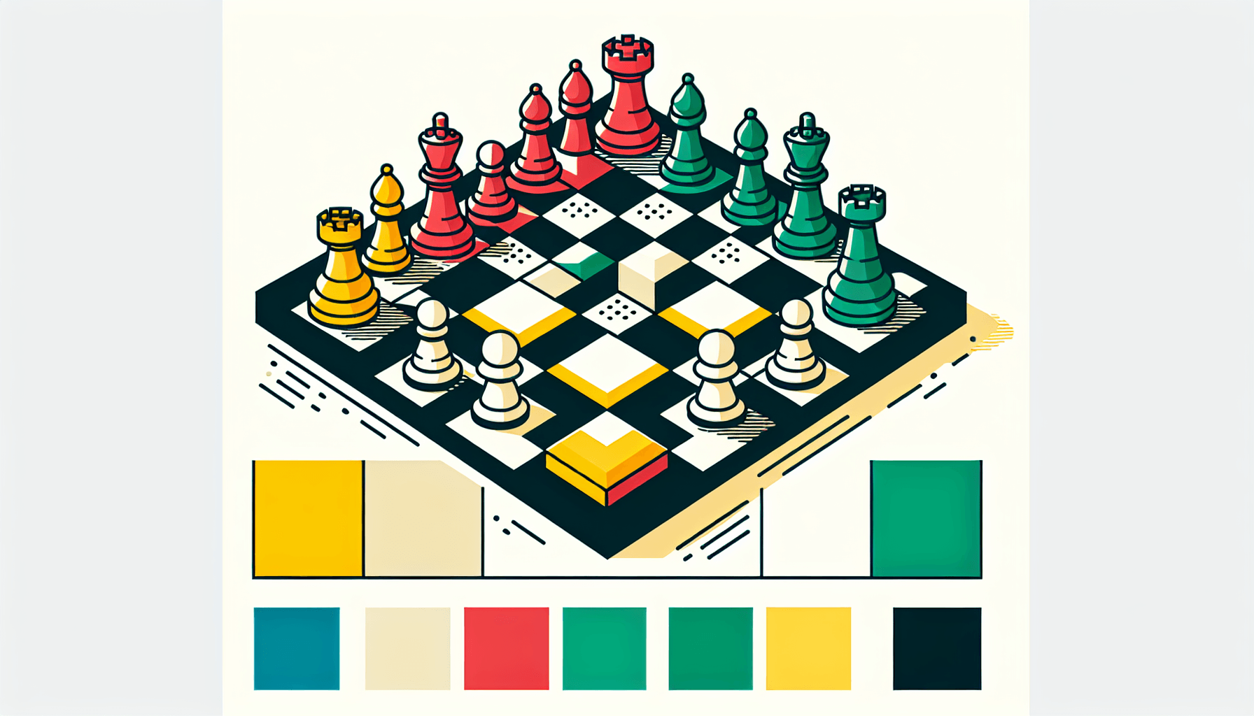 Chessboard in flat illustration style and white background, red #f47574, green #88c7a8, yellow #fcc44b, and blue #645bc8 colors.
