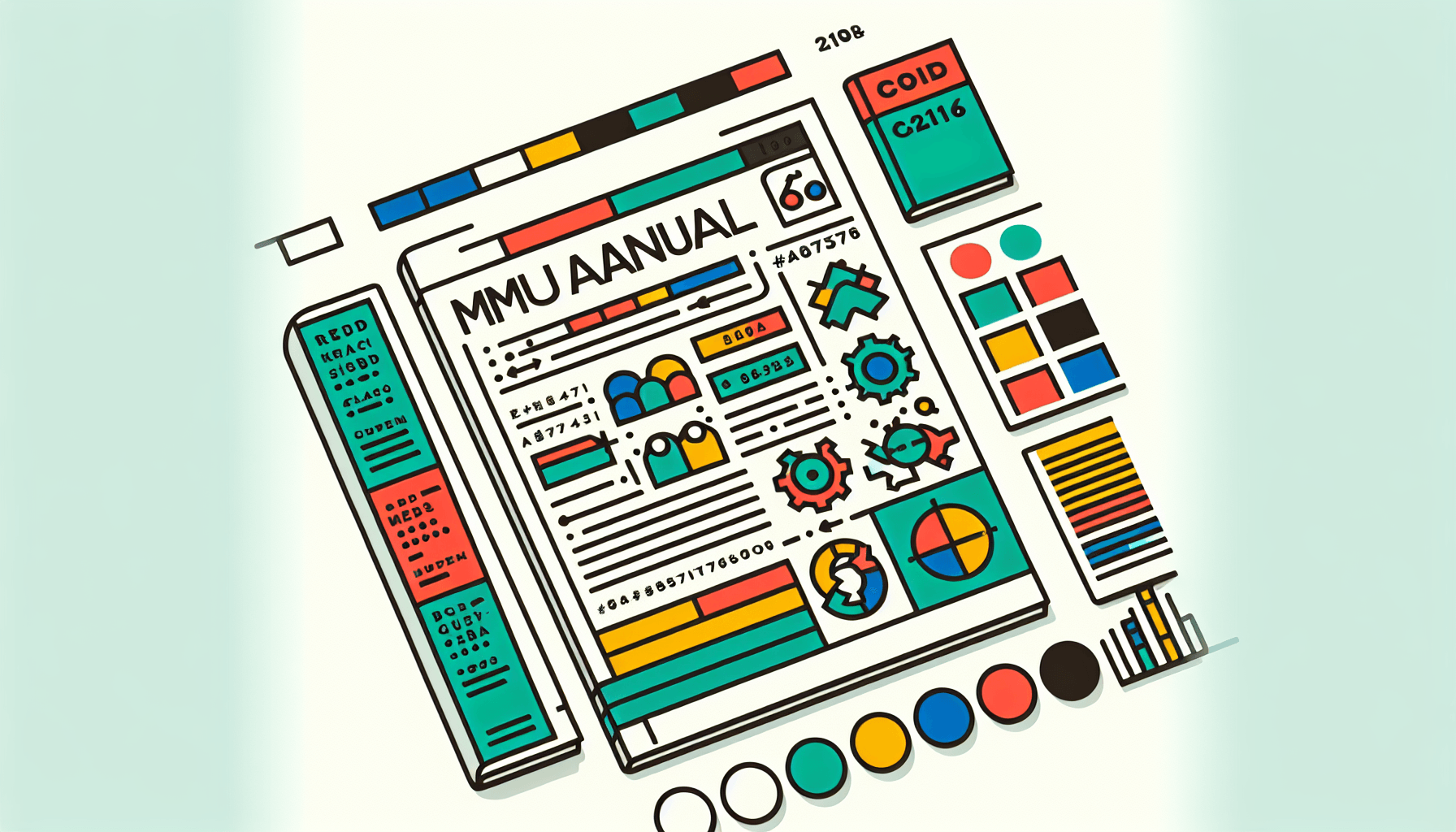 Manual in flat illustration style and white background, red #f47574, green #88c7a8, yellow #fcc44b, and blue #645bc8 colors.