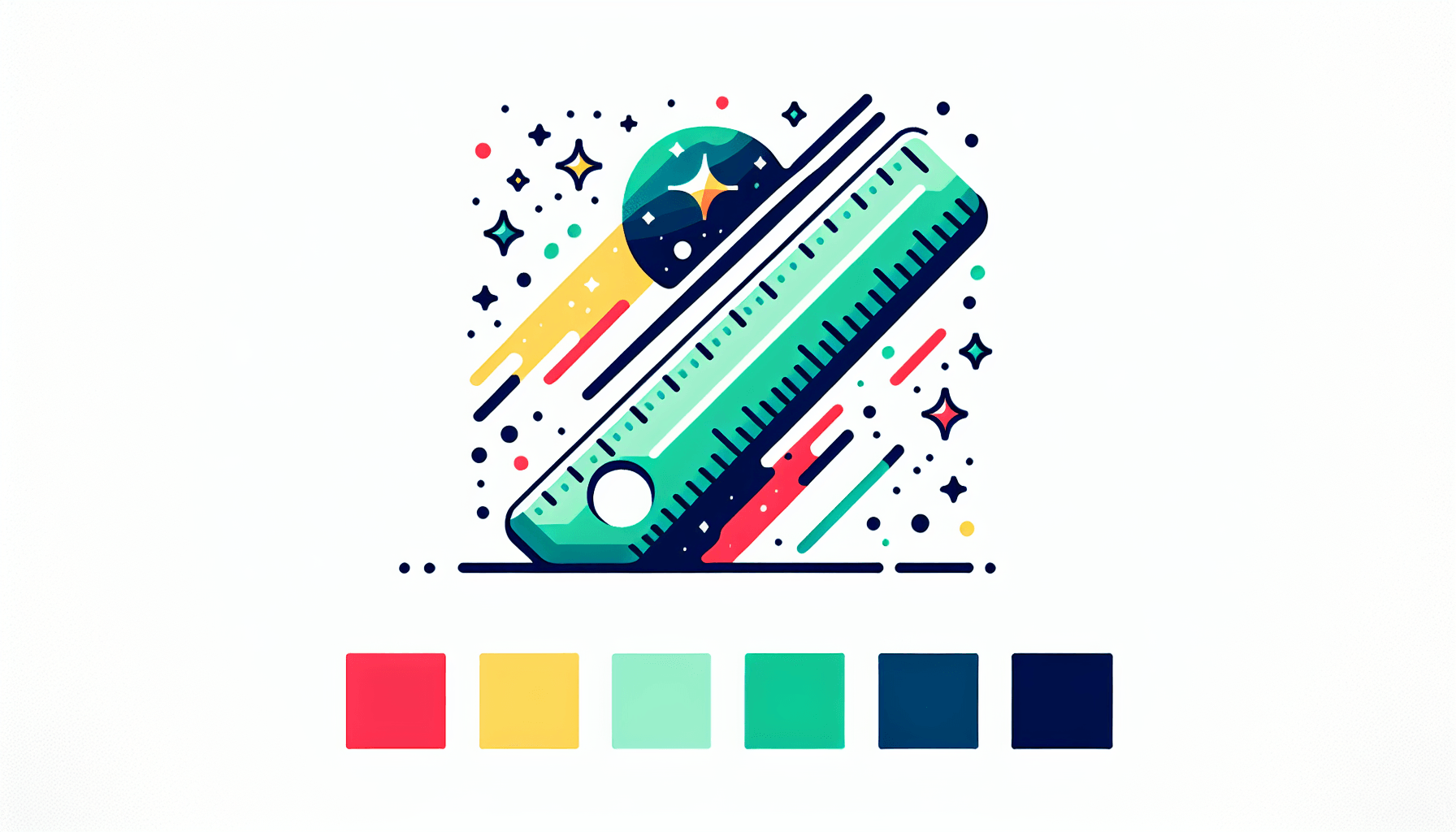 Ruler in flat illustration style and white background, red #f47574, green #88c7a8, yellow #fcc44b, and blue #645bc8 colors.