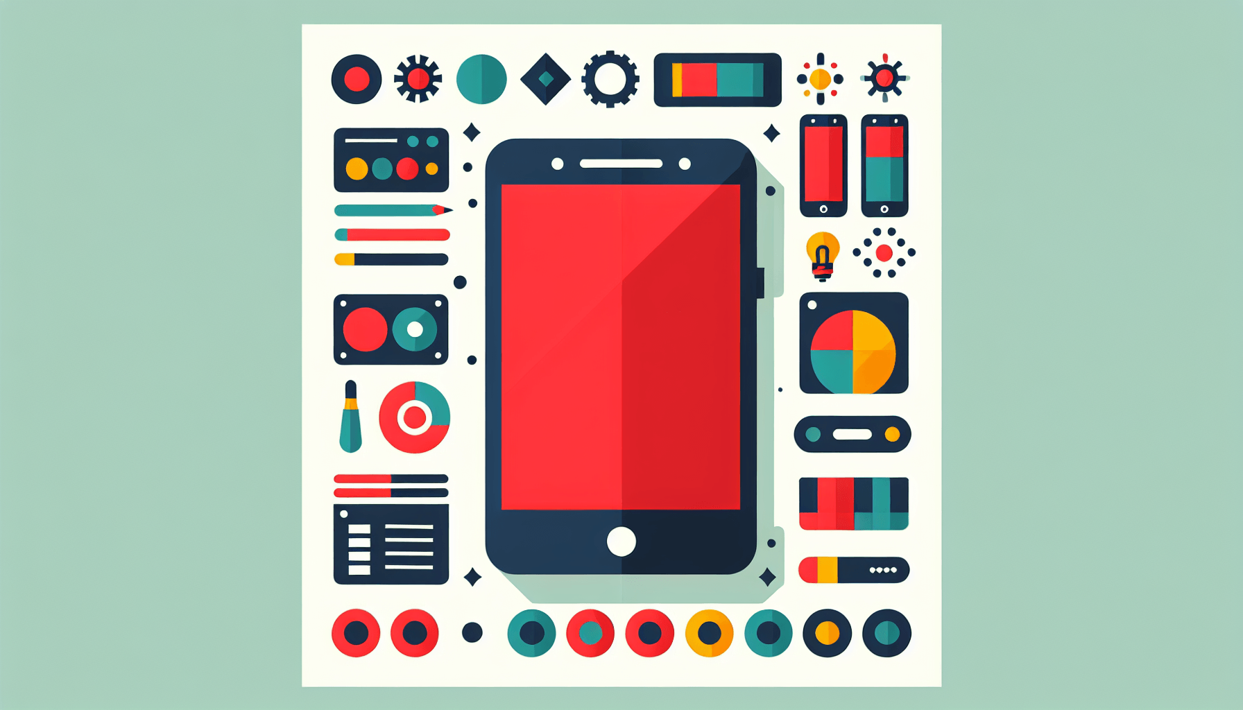 Smartphone in flat illustration style and white background, red #f47574, green #88c7a8, yellow #fcc44b, and blue #645bc8 colors.