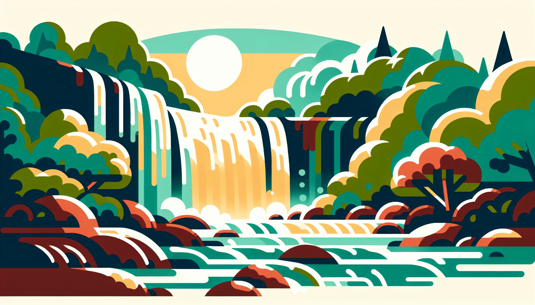 Waterfall in flat illustration style and white background, red #f47574, green #88c7a8, yellow #fcc44b, and blue #645bc8 colors.