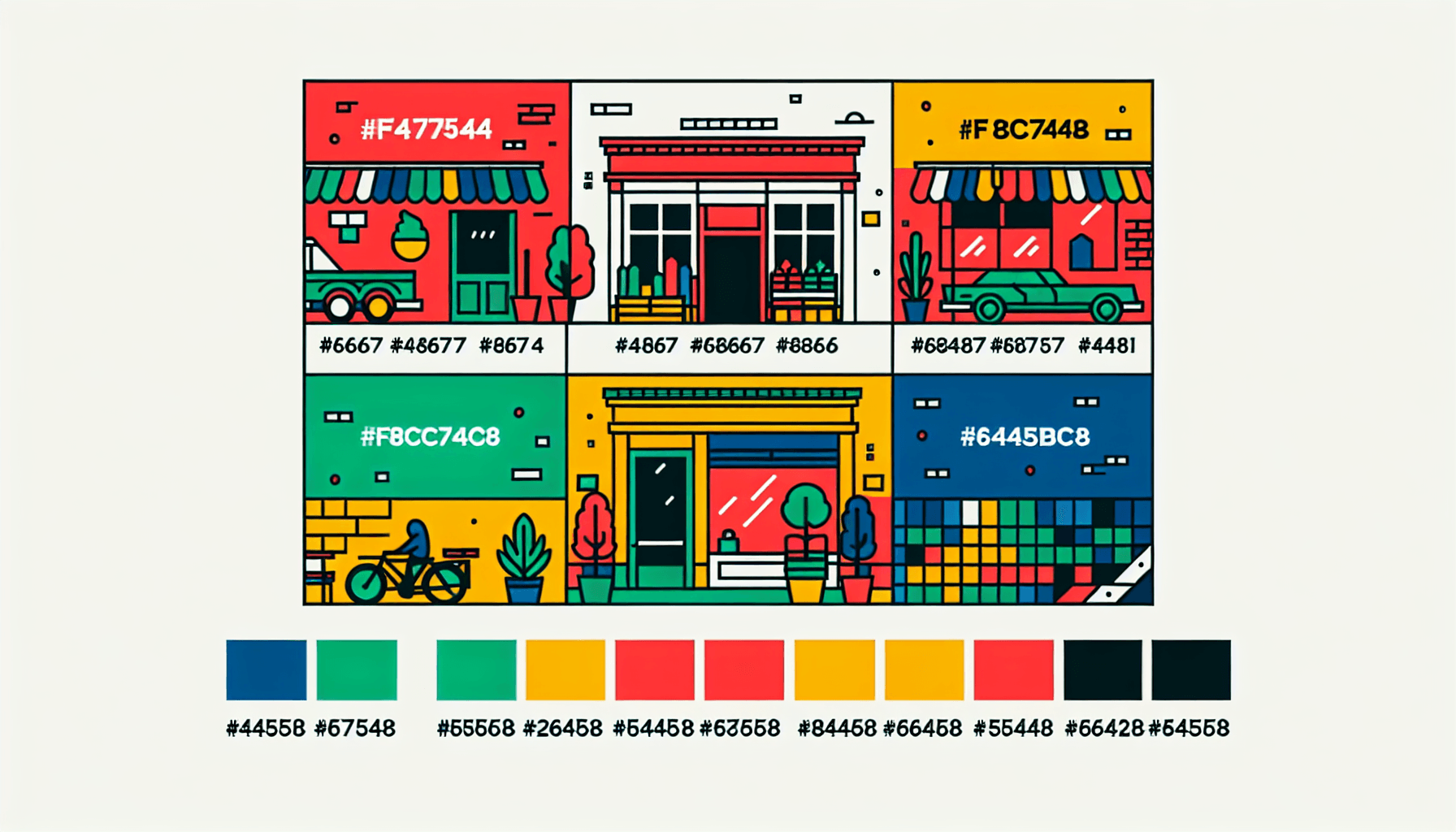 Blueprint in flat illustration style and white background, red #f47574, green #88c7a8, yellow #fcc44b, and blue #645bc8 colors.