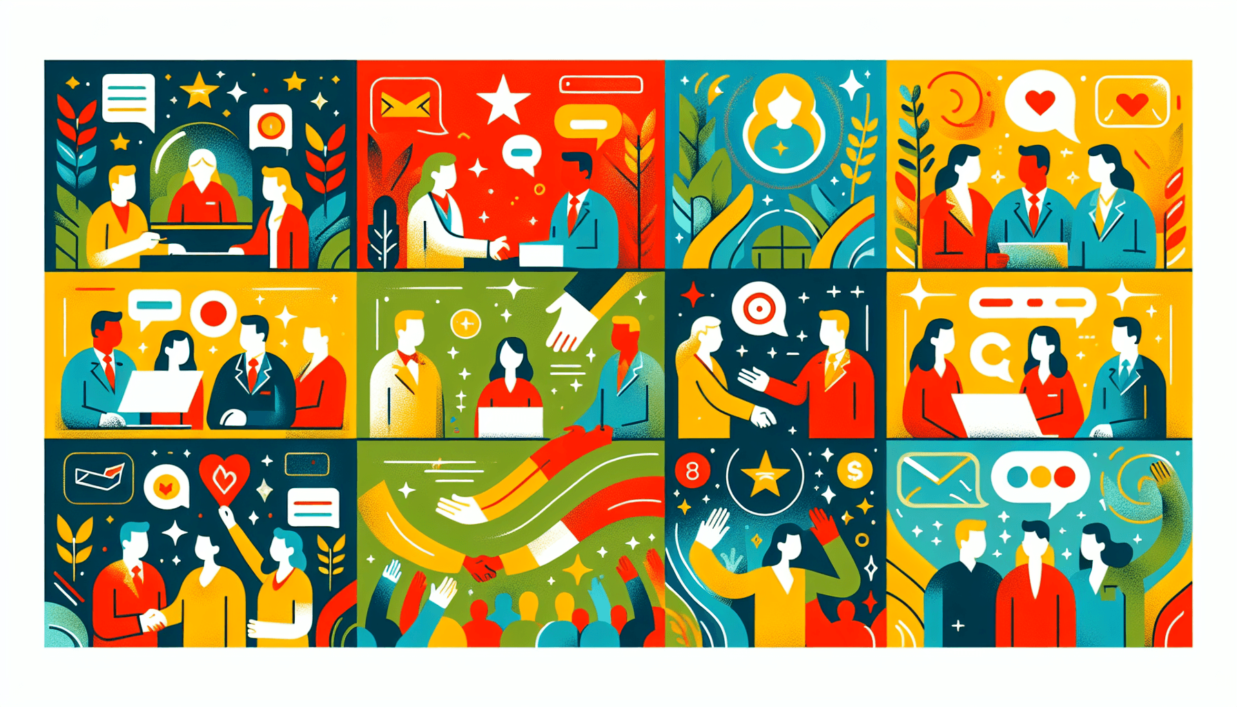 How do you maintain good customer relationships? in flat illustration style and white background, red #f47574, green #88c7a8, yellow #fcc44b, and blue #645bc8 colors.