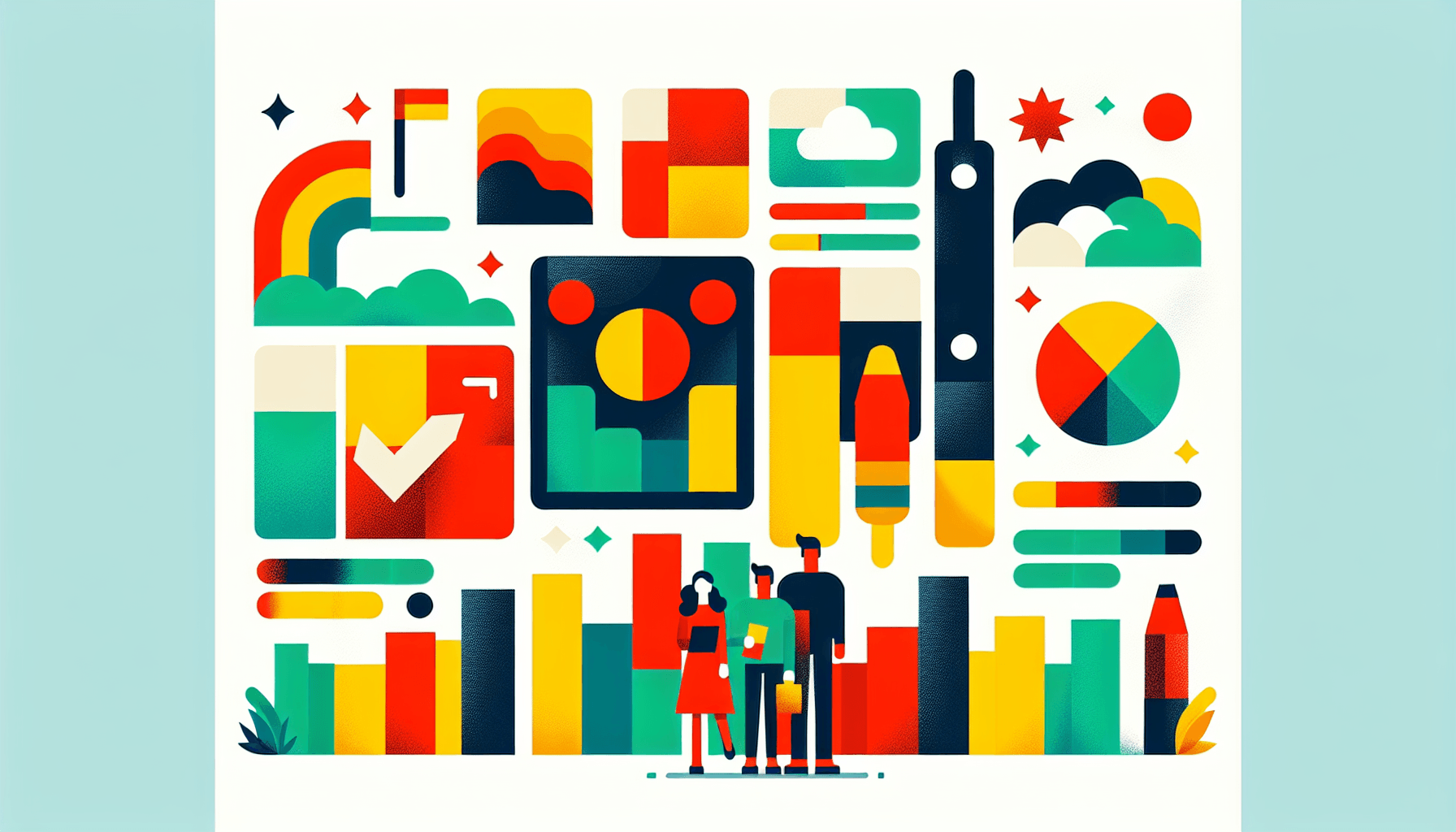 Survey in flat illustration style and white background, red #f47574, green #88c7a8, yellow #fcc44b, and blue #645bc8 colors.