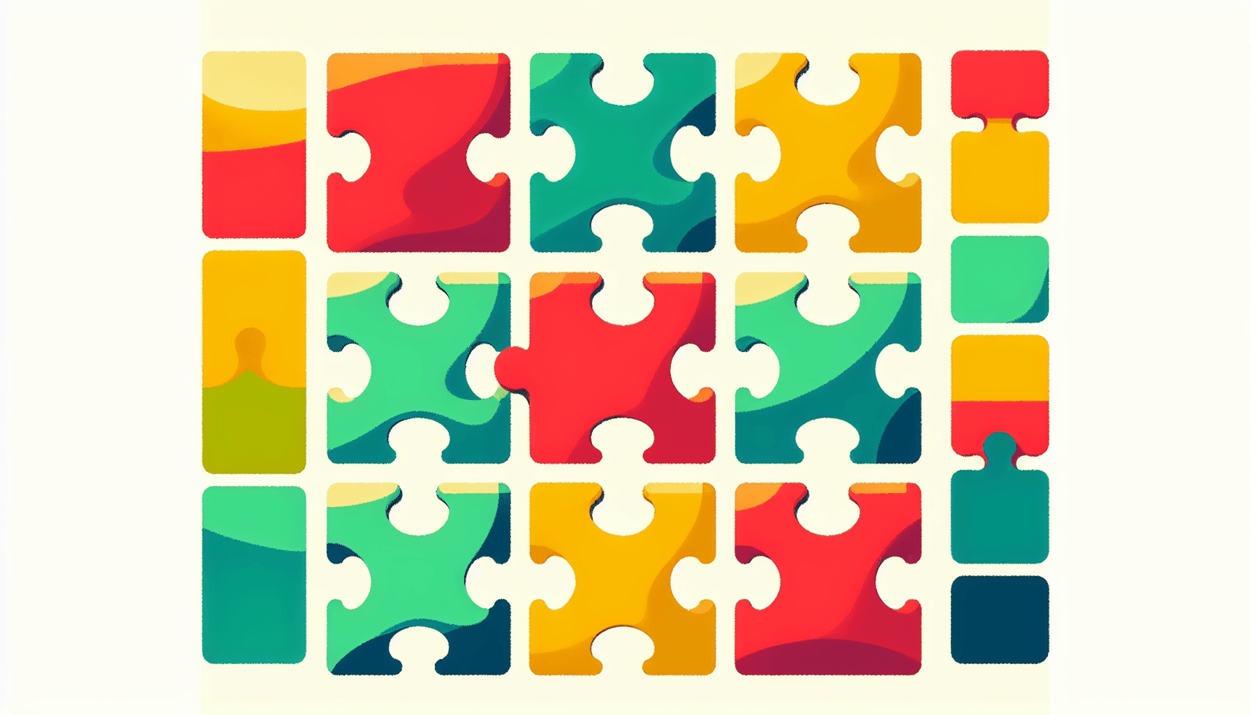 Puzzle pieces in flat illustration style and white background, red #f47574, green #88c7a8, yellow #fcc44b, and blue #645bc8 colors.