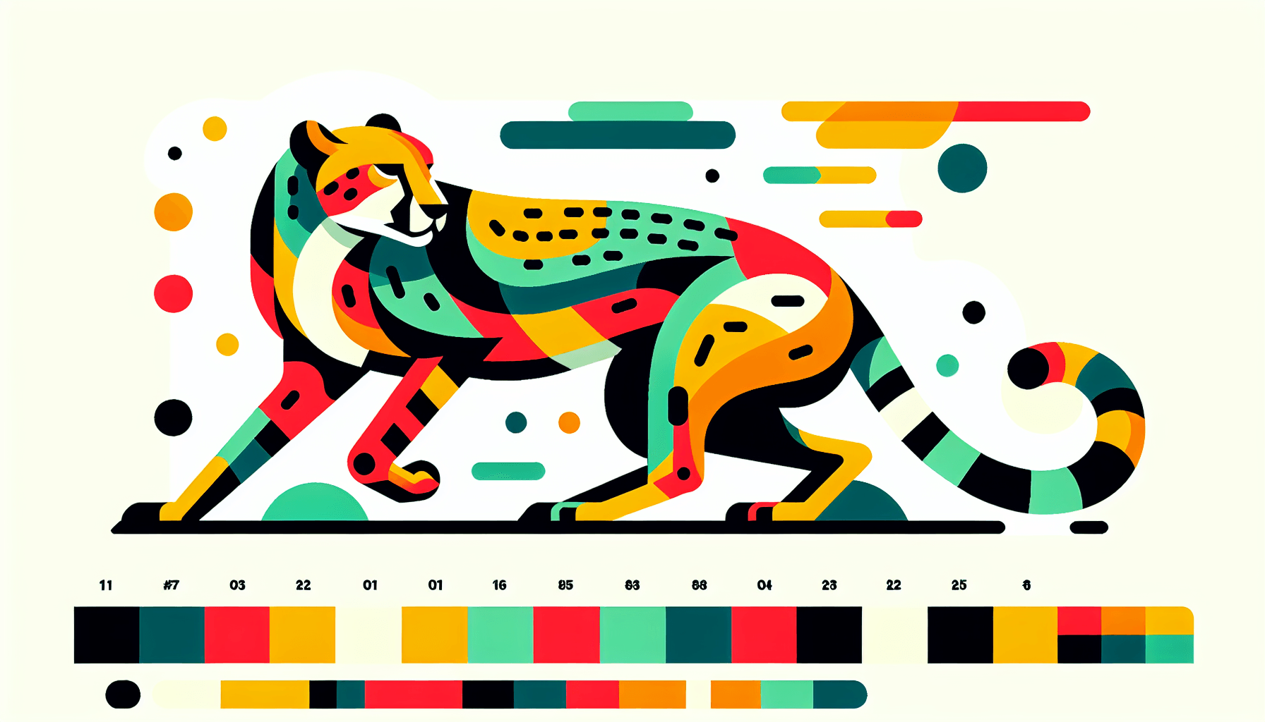 Cheetah in flat illustration style and white background, red #f47574, green #88c7a8, yellow #fcc44b, and blue #645bc8 colors.