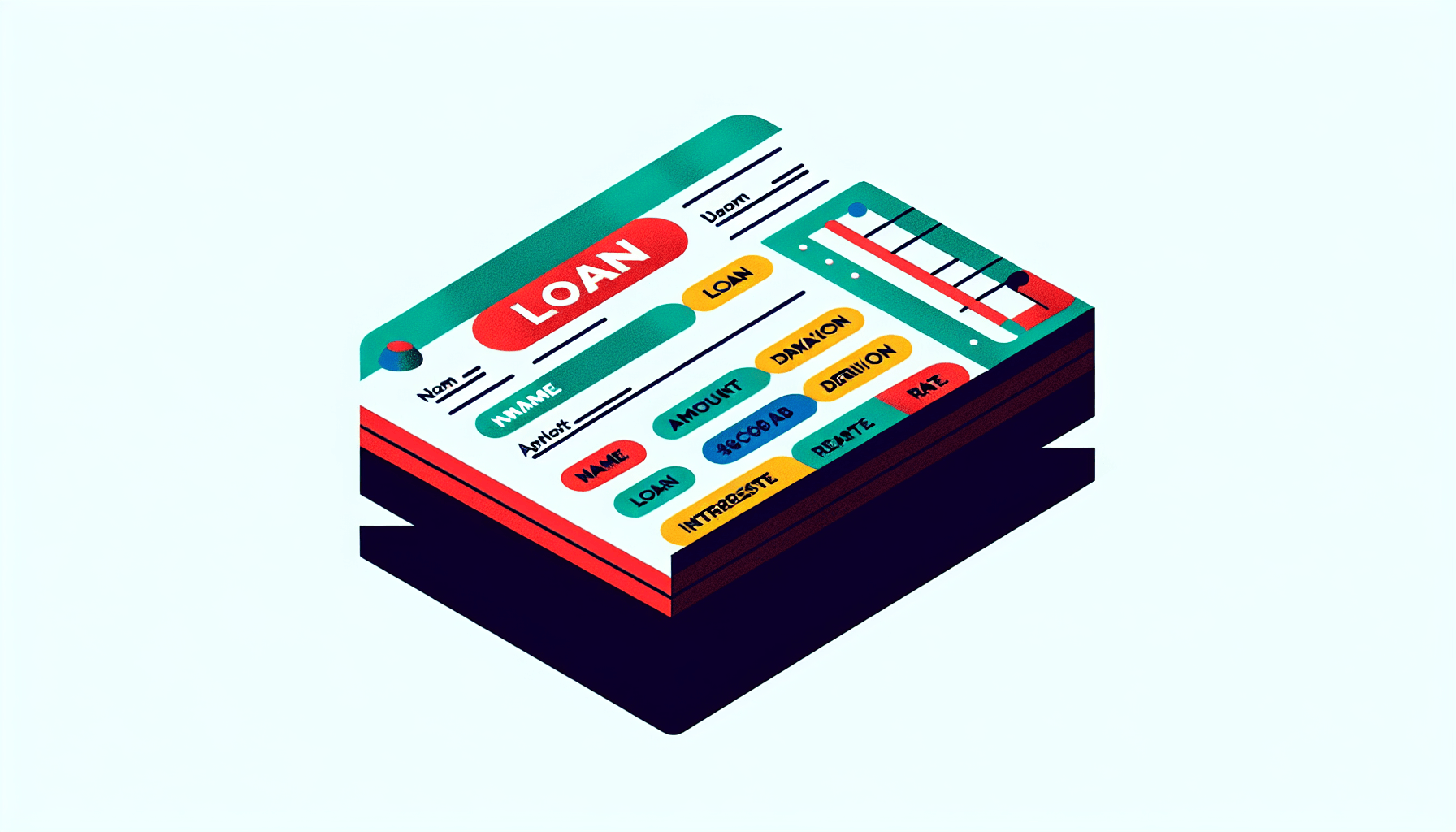 Loan form in flat illustration style and white background, red #f47574, green #88c7a8, yellow #fcc44b, and blue #645bc8 colors.