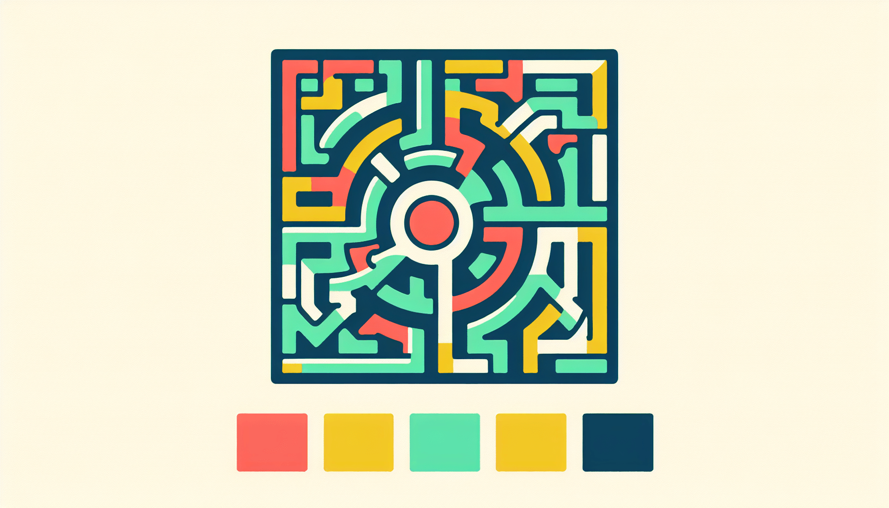Labyrinth in flat illustration style and white background, red #f47574, green #88c7a8, yellow #fcc44b, and blue #645bc8 colors.