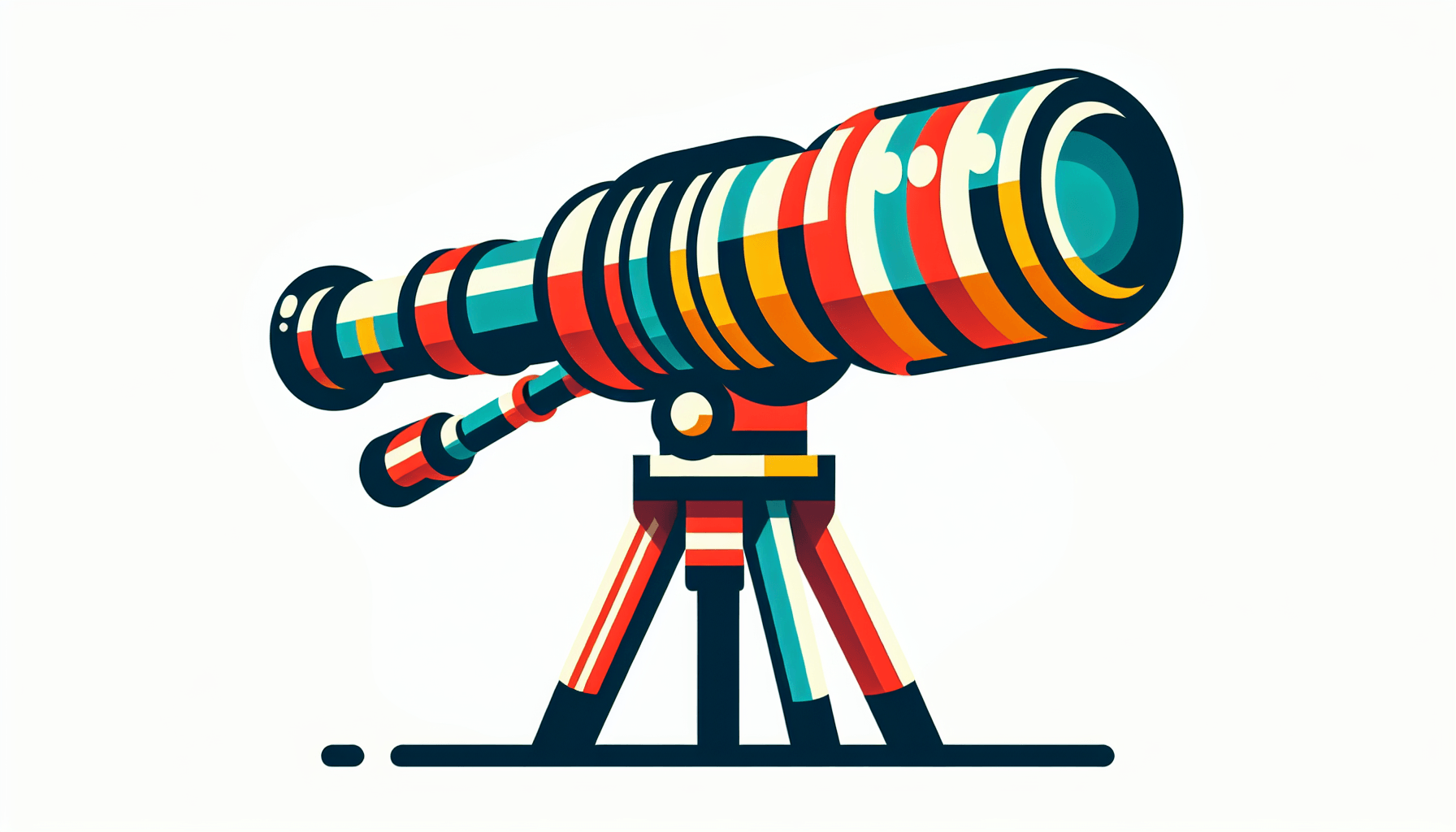 Telescope in flat illustration style and white background, red #f47574, green #88c7a8, yellow #fcc44b, and blue #645bc8 colors.
