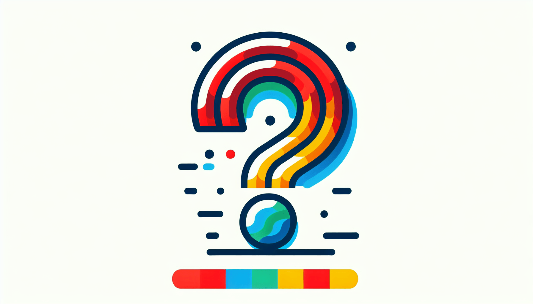 Question mark in flat illustration style and white background, red #f47574, green #88c7a8, yellow #fcc44b, and blue #645bc8 colors.