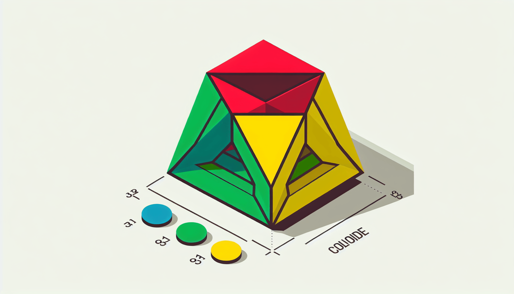 Tetrahedron in flat illustration style and white background, red #f47574, green #88c7a8, yellow #fcc44b, and blue #645bc8 colors.