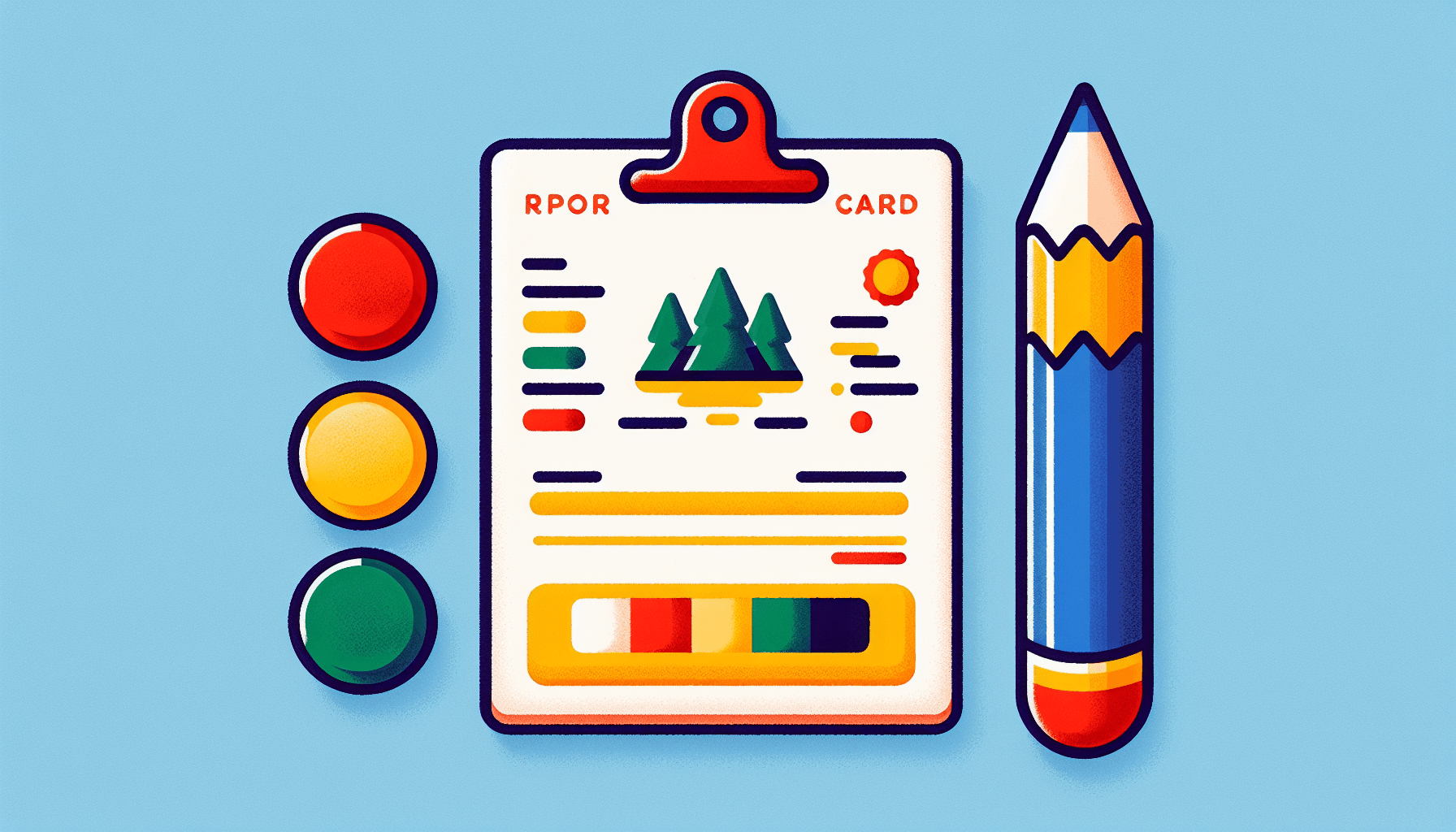 Report card in flat illustration style and white background, red #f47574, green #88c7a8, yellow #fcc44b, and blue #645bc8 colors.