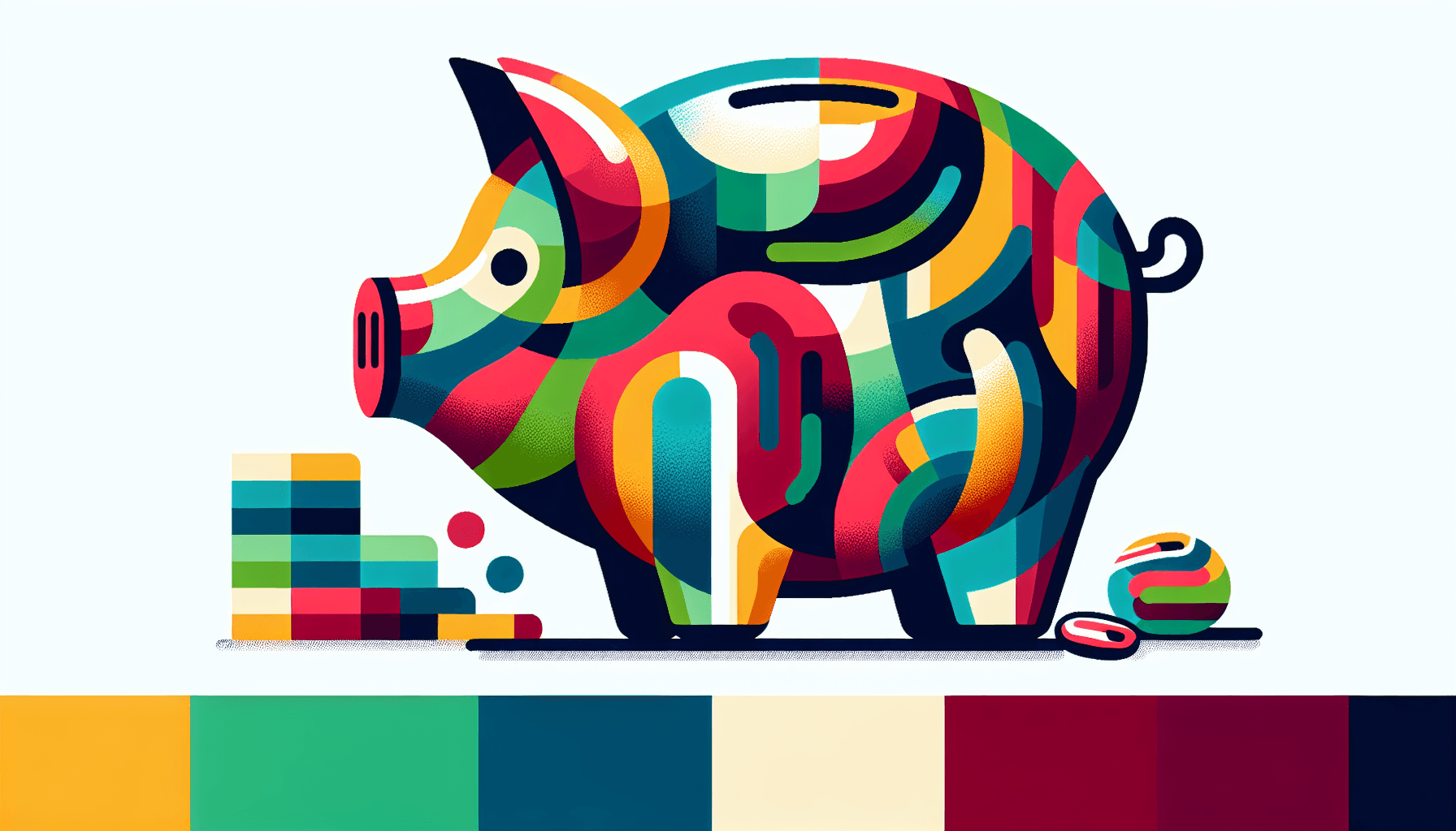 Piggy bank in flat illustration style and white background, red #f47574, green #88c7a8, yellow #fcc44b, and blue #645bc8 colors.