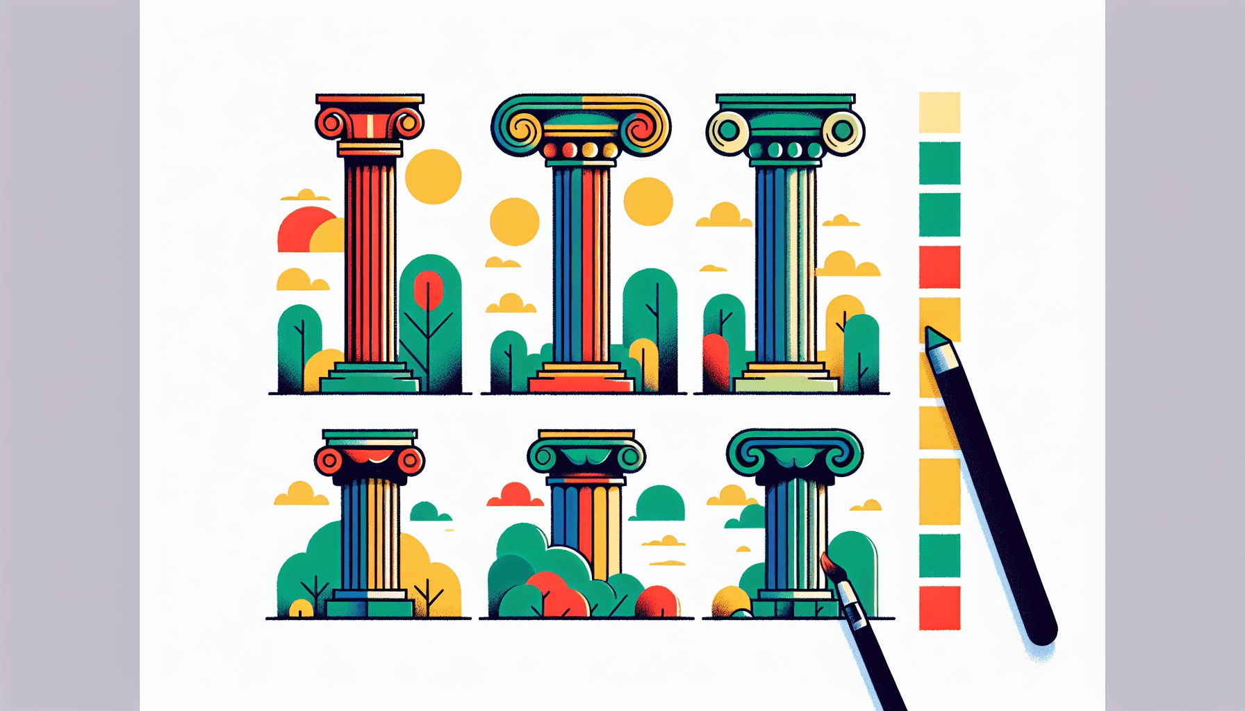 Pillars in flat illustration style and white background, red #f47574, green #88c7a8, yellow #fcc44b, and blue #645bc8 colors.