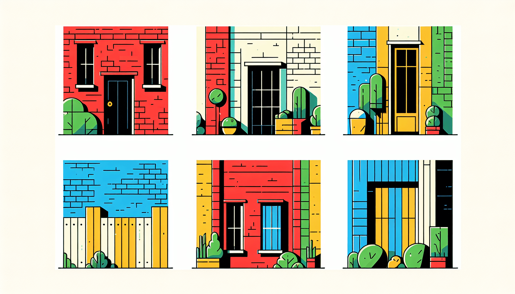 Walls in flat illustration style and white background, red #f47574, green #88c7a8, yellow #fcc44b, and blue #645bc8 colors.