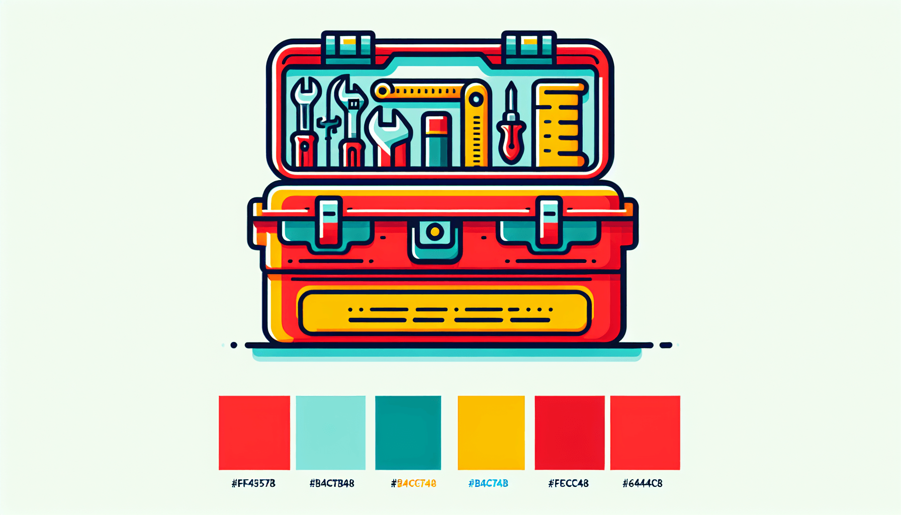 Toolbox in flat illustration style and white background, red #f47574, green #88c7a8, yellow #fcc44b, and blue #645bc8 colors.