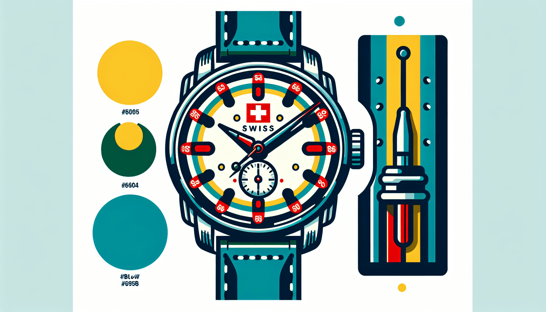 Swiss watch in flat illustration style and white background, red #f47574, green #88c7a8, yellow #fcc44b, and blue #645bc8 colors.