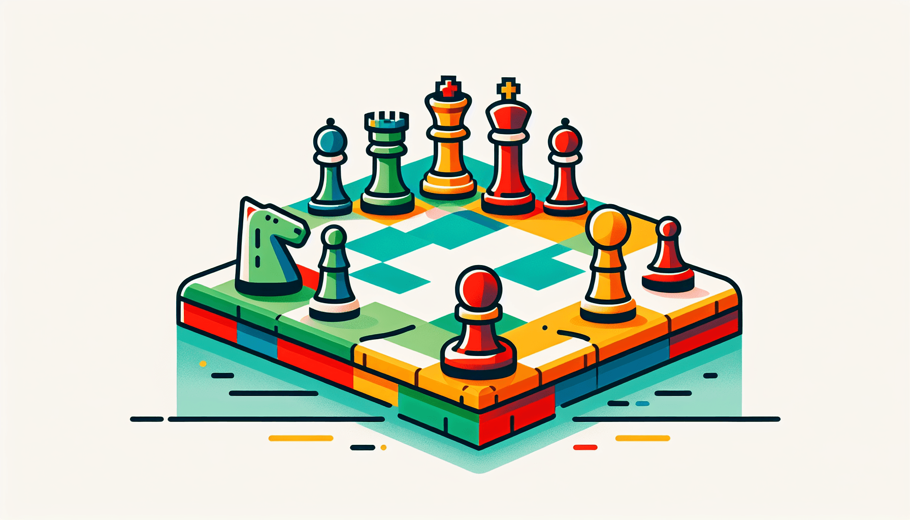 Chessboard in flat illustration style and white background, red #f47574, green #88c7a8, yellow #fcc44b, and blue #645bc8 colors.