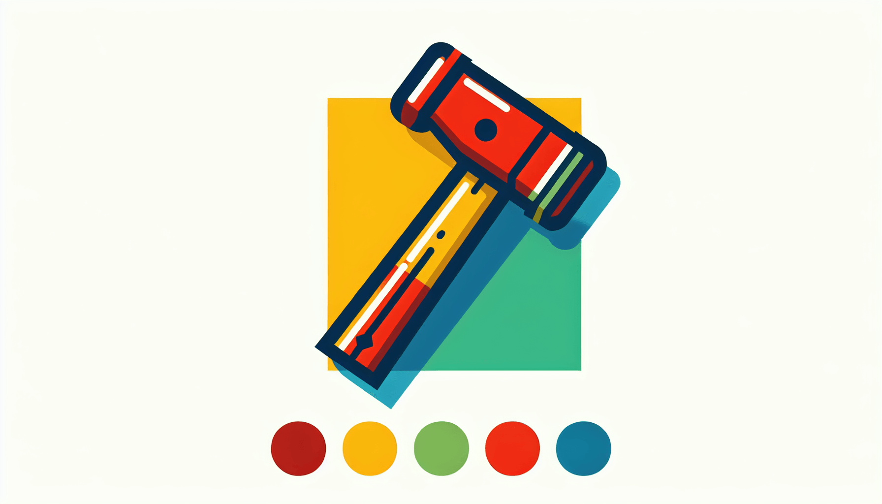 Hammer in flat illustration style and white background, red #f47574, green #88c7a8, yellow #fcc44b, and blue #645bc8 colors.