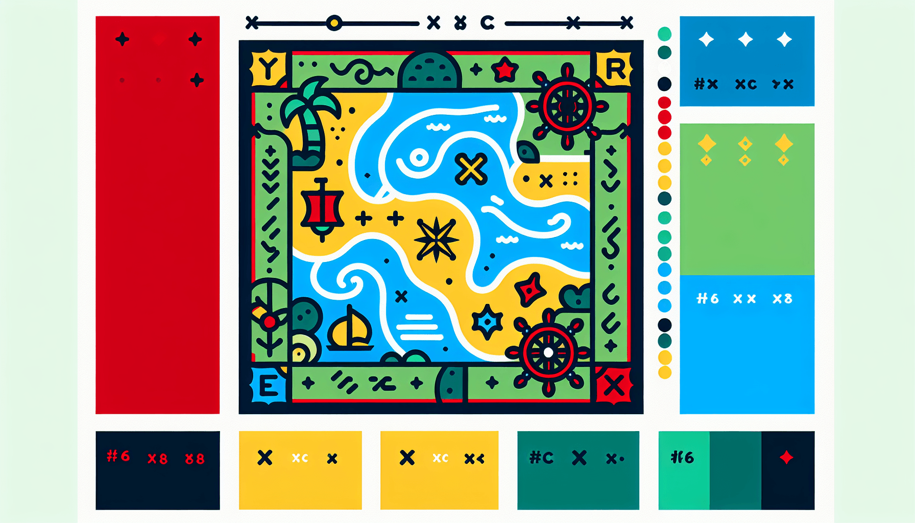 Treasure map in flat illustration style and white background, red #f47574, green #88c7a8, yellow #fcc44b, and blue #645bc8 colors.