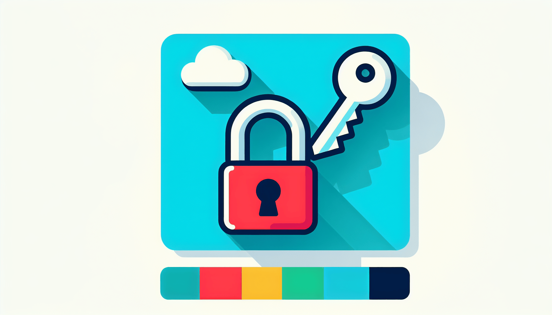 Lock and key in flat illustration style and white background, red #f47574, green #88c7a8, yellow #fcc44b, and blue #645bc8 colors.